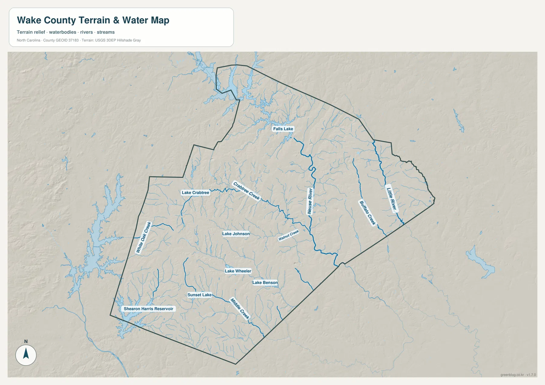 웨이크 카운티 Falls Lake Neuse River Crabtree Creek Walnut Creek 수역 지형 지도