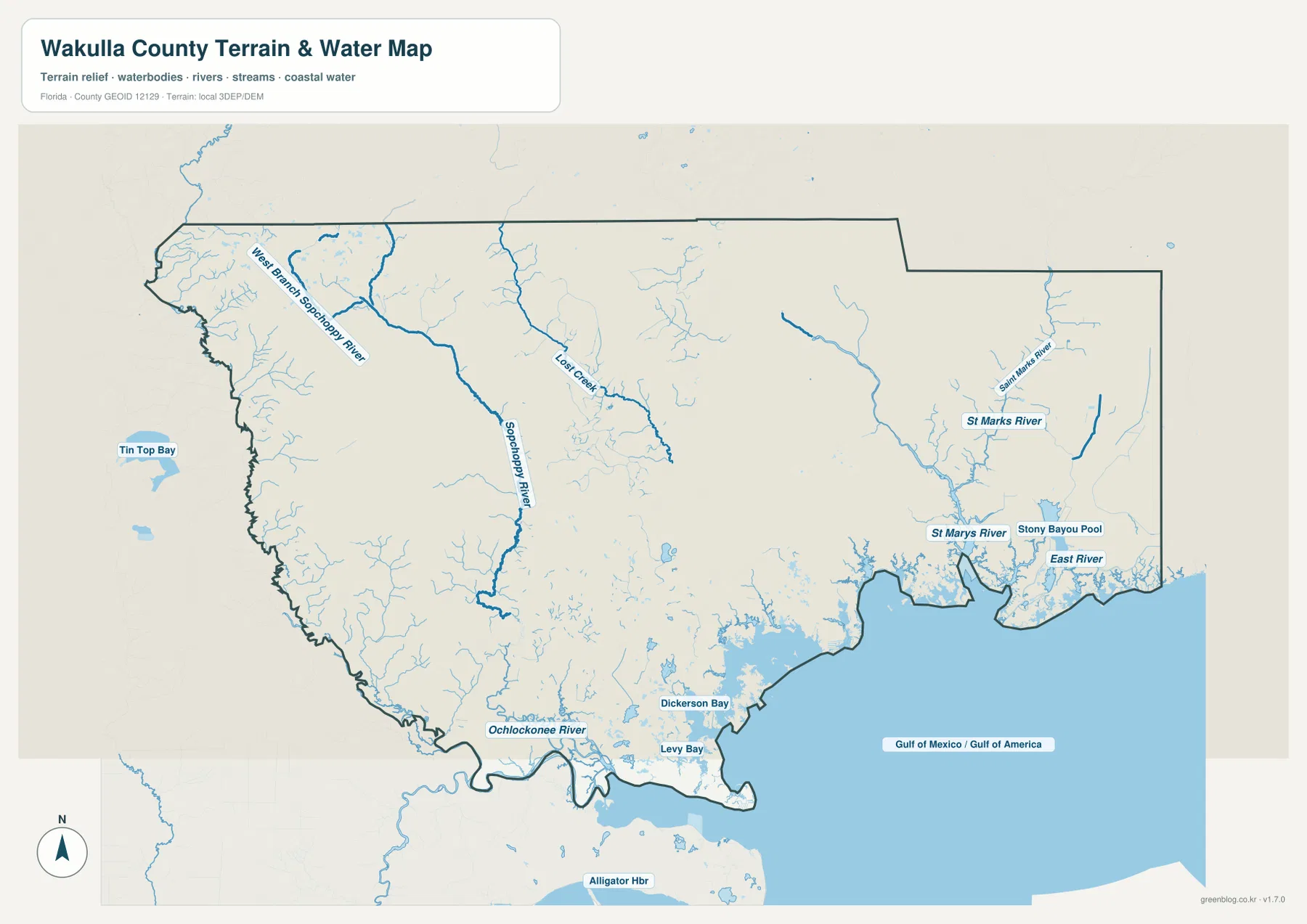 Sopchoppy River, St. Marks River, Ochlockonee River, East River와 Dickerson Bay가 표시된 와쿨라 카운티 수역 지도