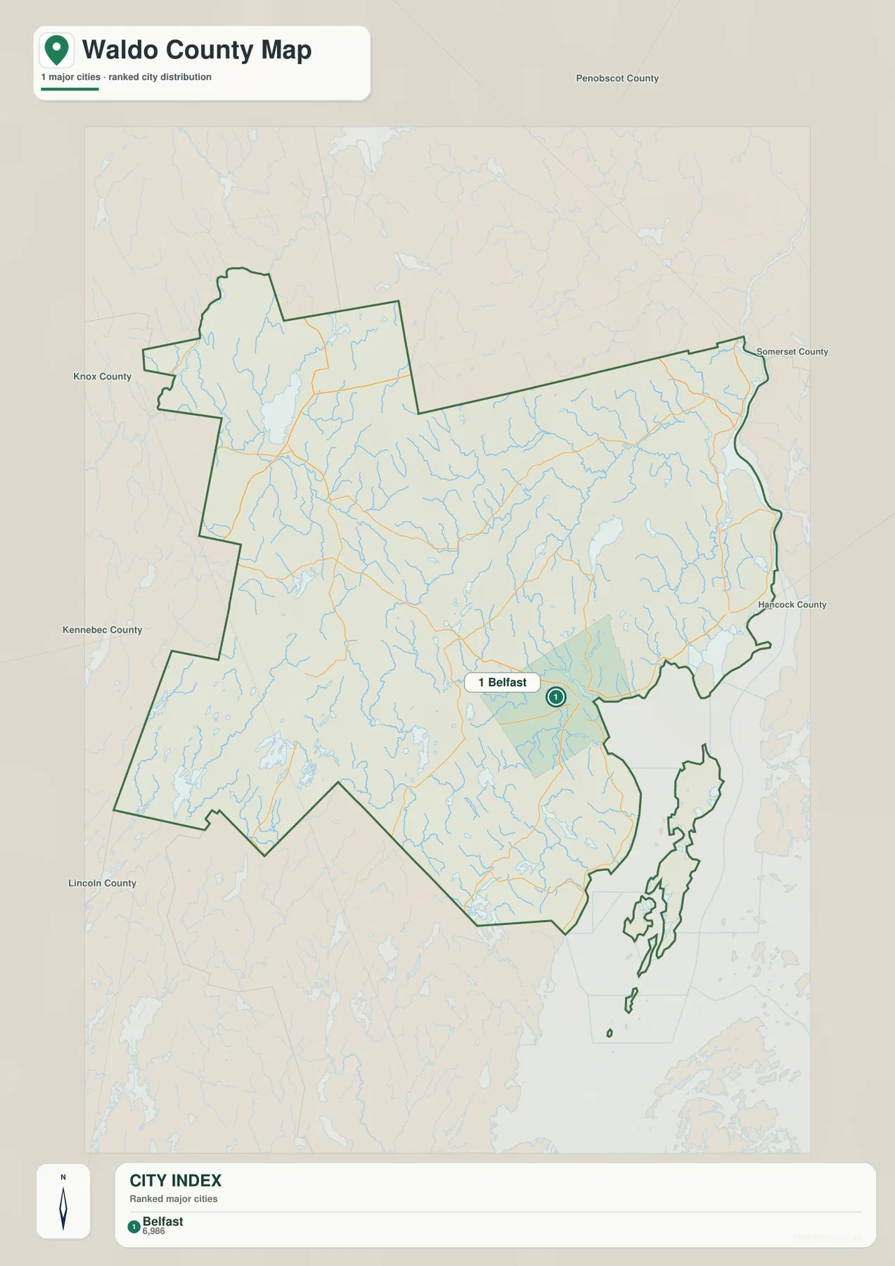 Waldo County City Index map with Belfast shown as the only ranked major city
