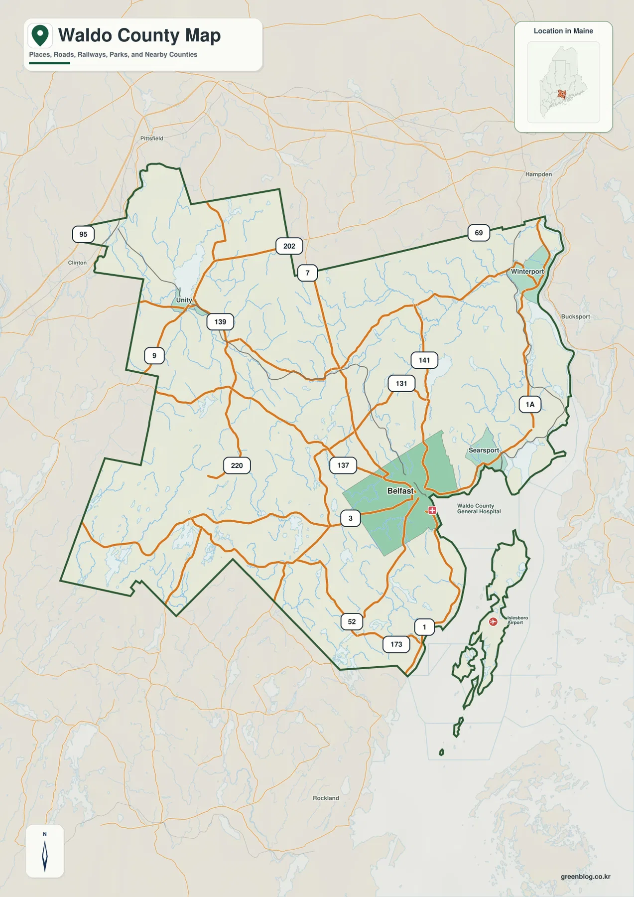 Waldo County map showing Belfast, Searsport, Winterport, Unity, U.S. 1, U.S. 202, Route 3, Route 7, Route 137 and other roads