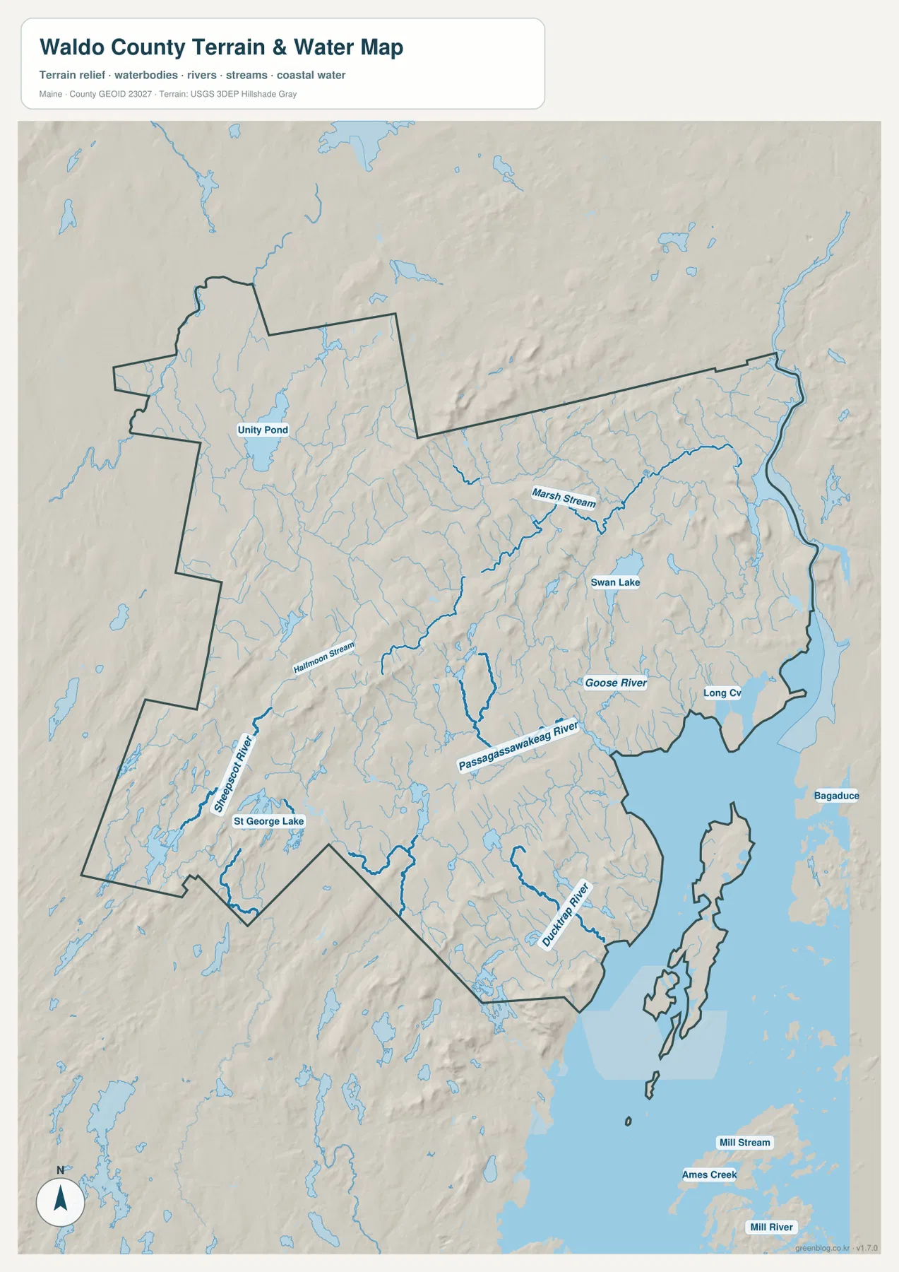 Waldo County terrain and water map showing the Passagassawakeag River, Goose River, Ducktrap River, Sheepscot River, Unity Pond, Swan Lake and St George Lake