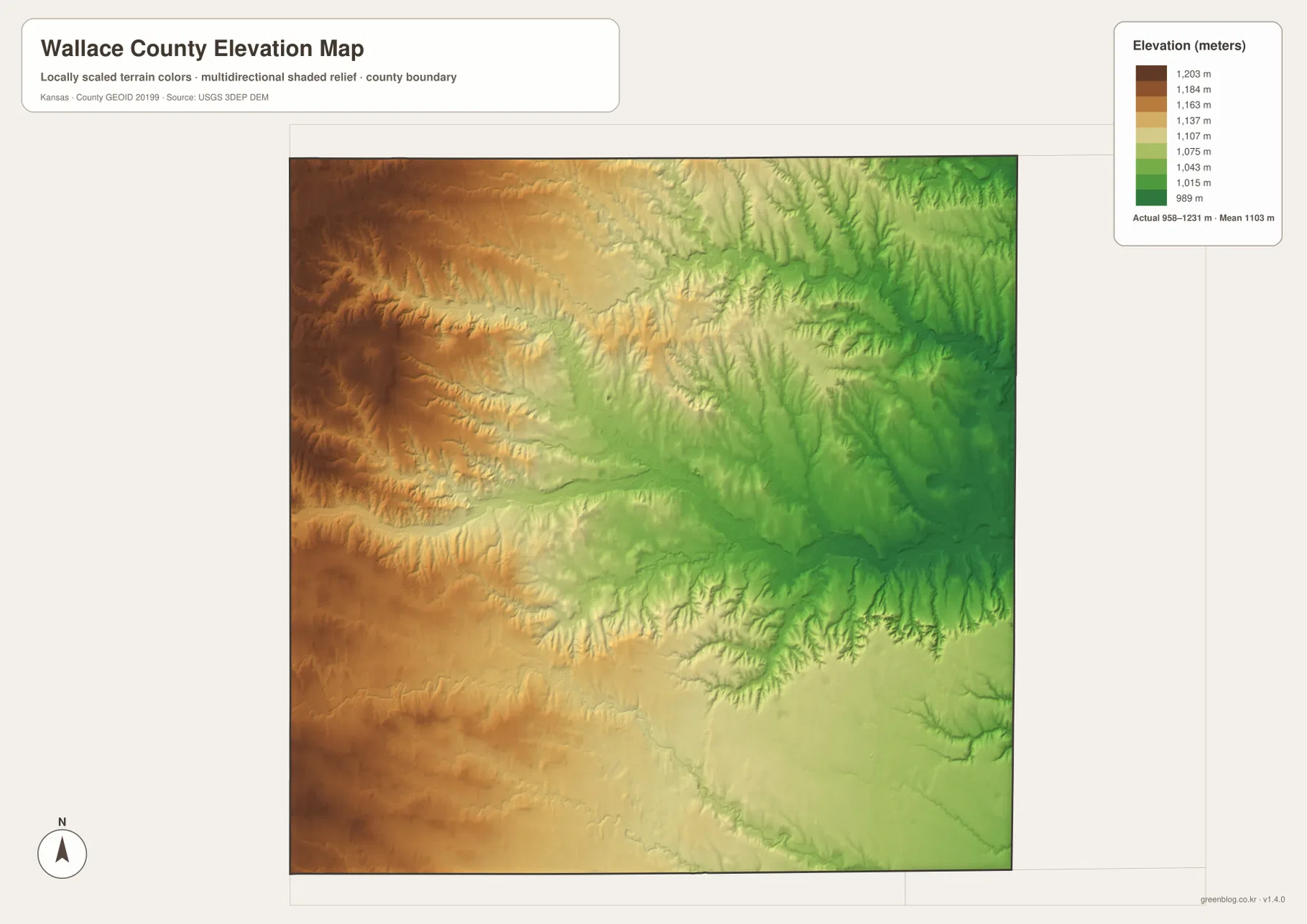 Wallace County Kansas elevation map showing 958 to 1,231 meter relief, high western plains and lower eastern river valleys