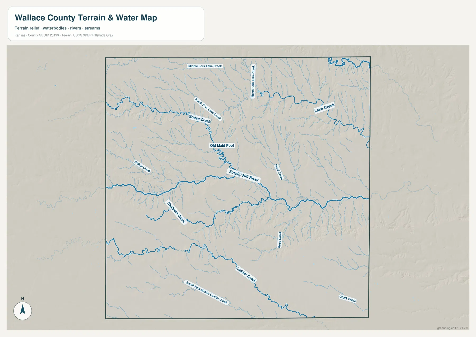 Wallace County Kansas terrain and water map showing Smoky Hill River, Lake Creek, Goose Creek, Ladder Creek and Eagle Tail Creek