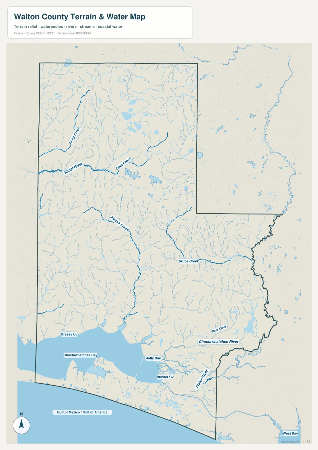 Shoal River, Long Creek, Gum Creek, Alaqua Creek, Bruce Creek, Choctawhatchee River와 Choctawhatchee Bay가 표시된 월턴 카운티 수역 지도