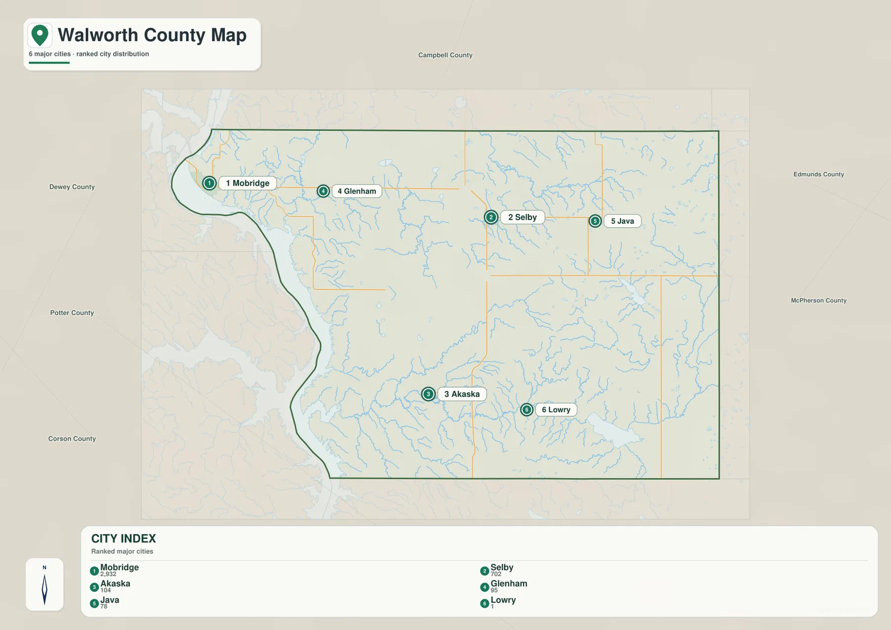 Walworth County의 Mobridge, Selby, Akaska, Glenham, Java, Lowry 위치를 표시한 도시 지도