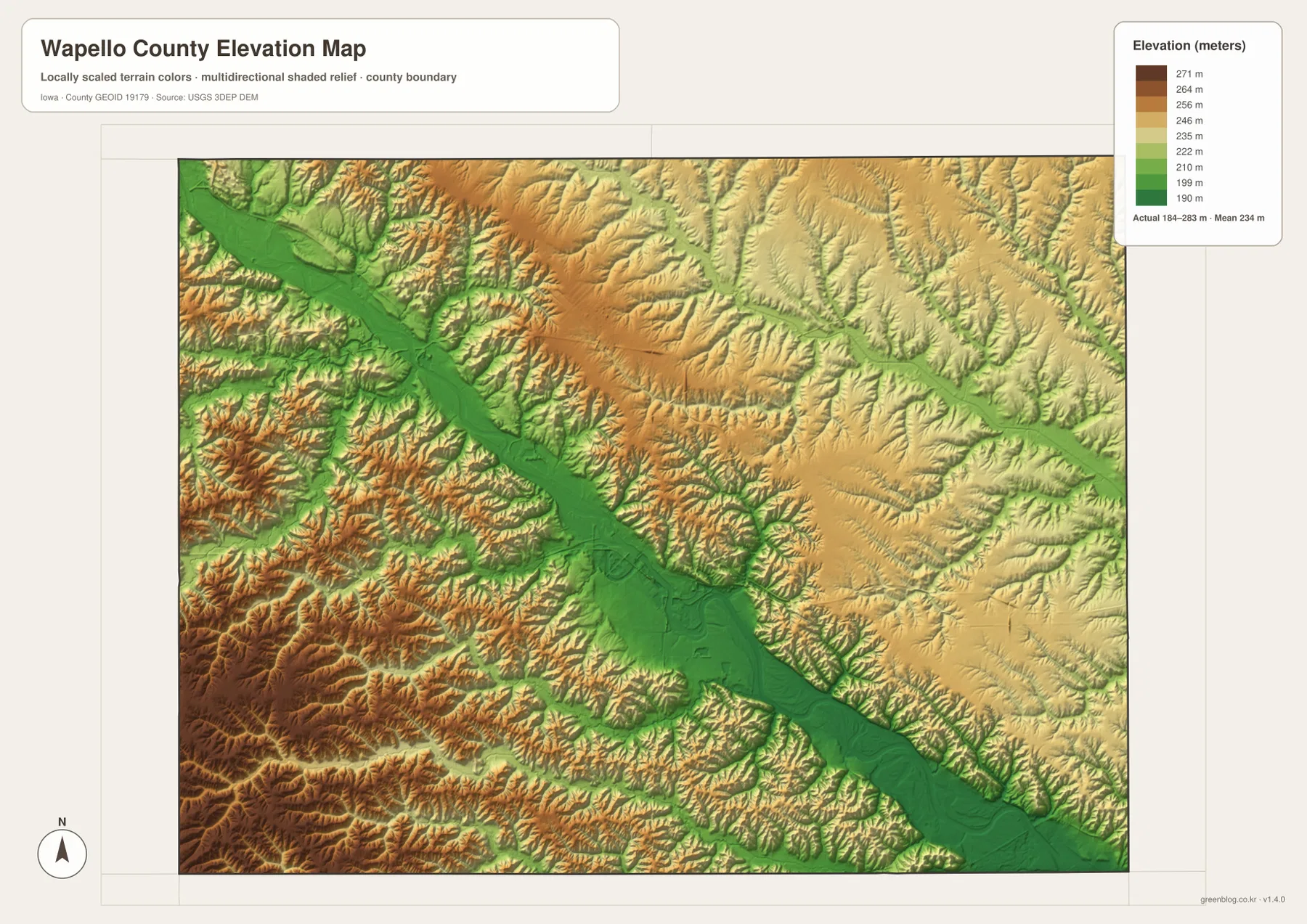 Wapello County elevation map showing the low Des Moines River valley and higher surrounding hills from about 184 to 283 meters