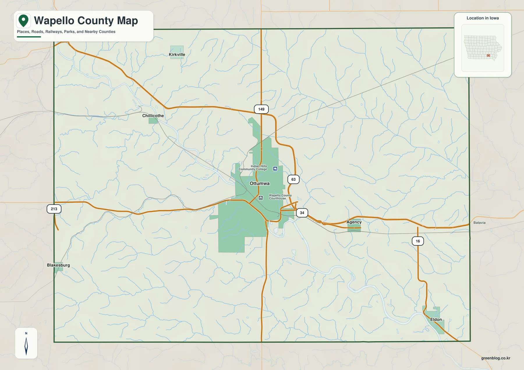 Wapello County map showing Ottumwa, Agency, Eldon, Blakesburg, US 34, US 63 and the Des Moines River