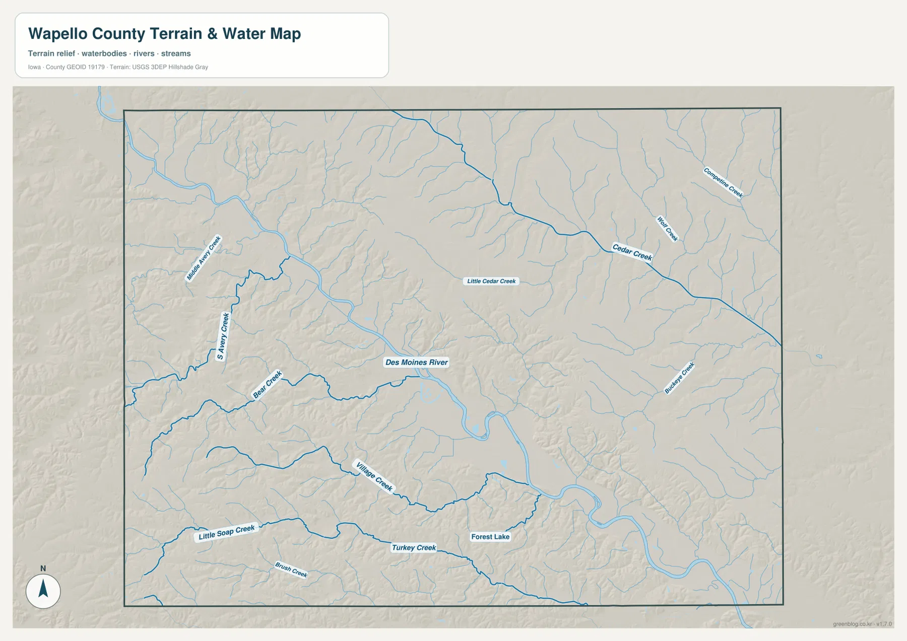 Wapello County water map showing the Des Moines River, Cedar Creek, Bear Creek, Village Creek, Turkey Creek and Forest Lake