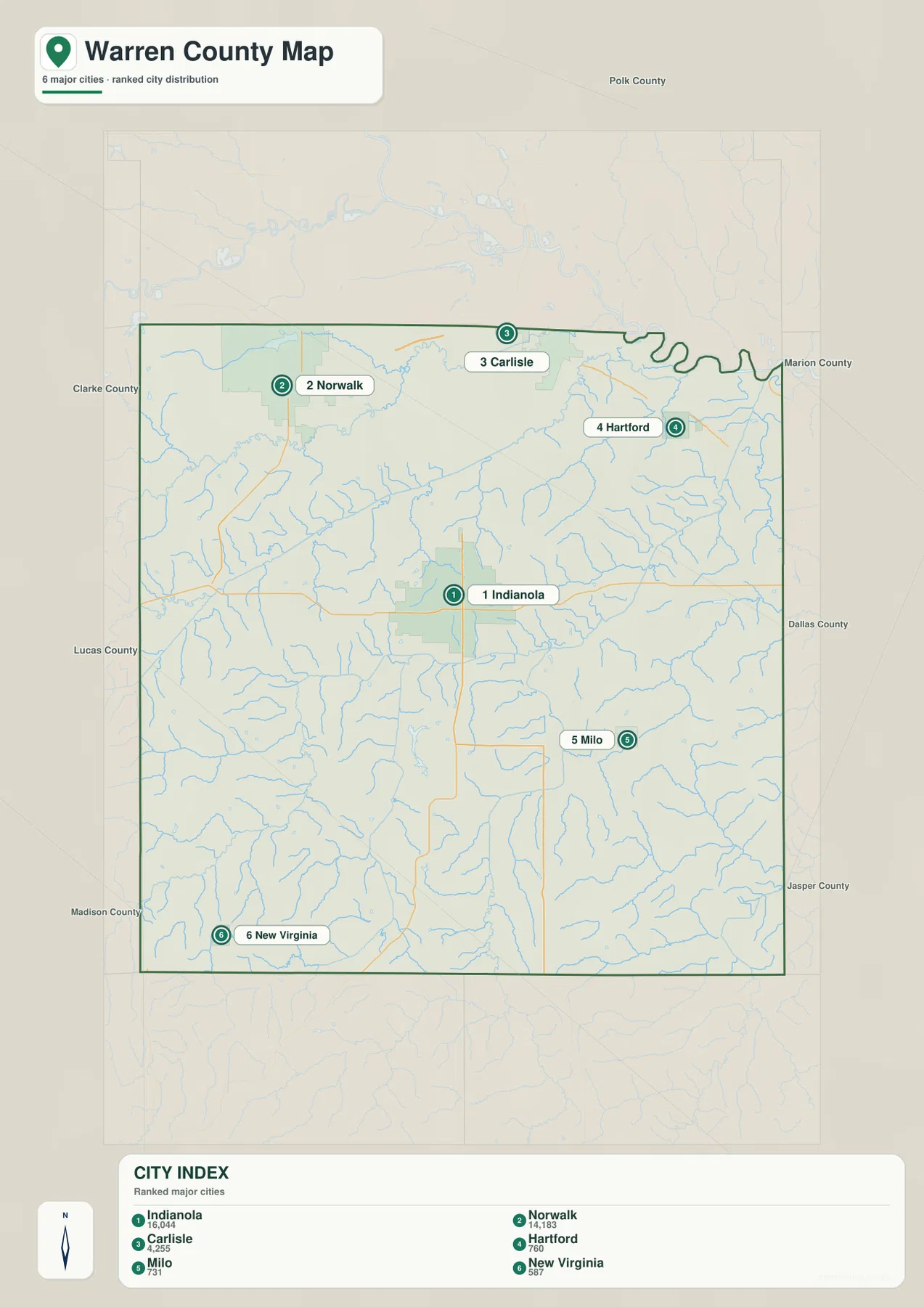 Warren County Iowa city map ranking Indianola, Norwalk, Carlisle, Hartford, Milo, and New Virginia