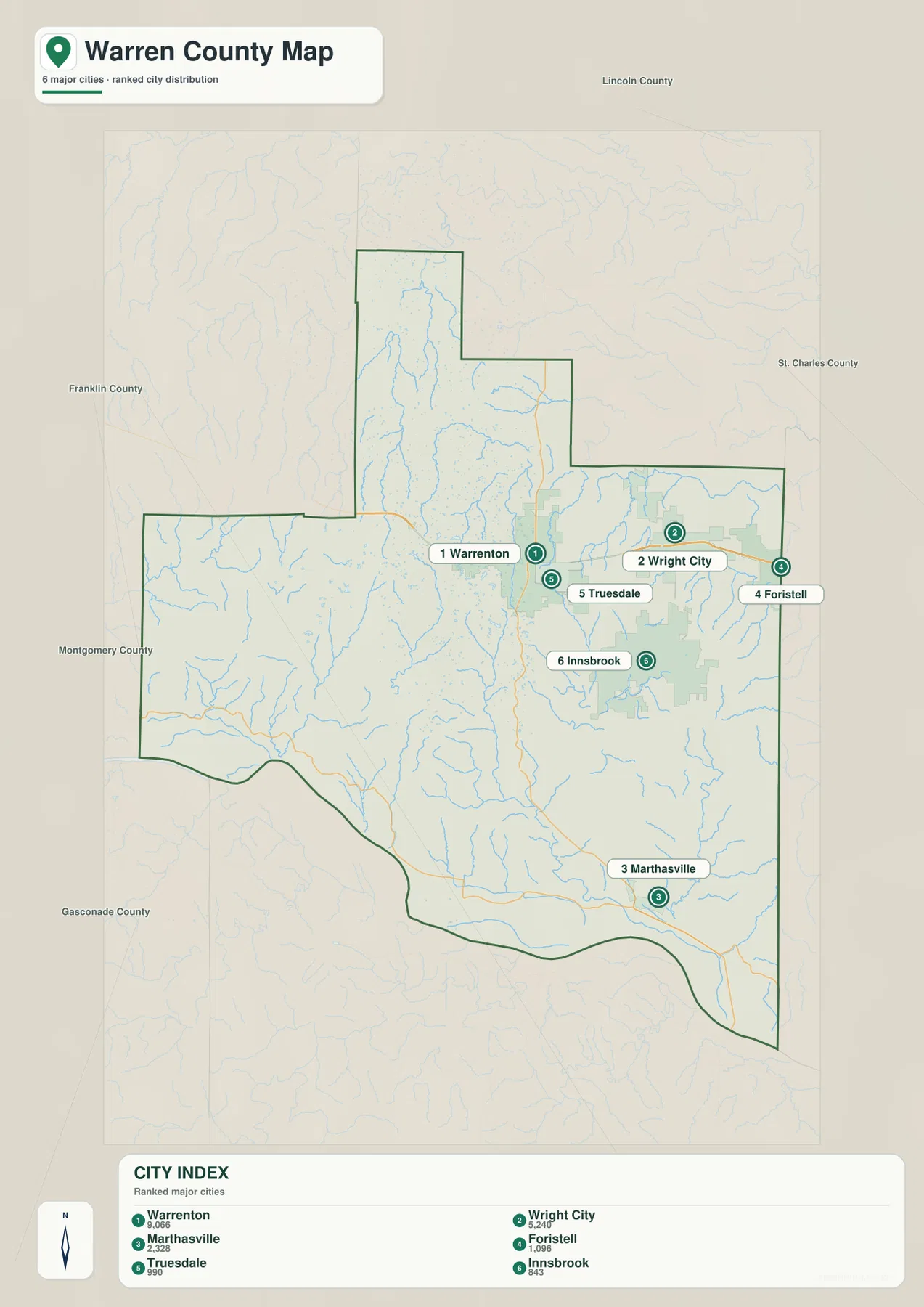Warrenton, Wright City, Marthasville, Foristell, Truesdale, Innsbrook의 위치와 도시 인덱스를 표시한 Warren County 도시 지도