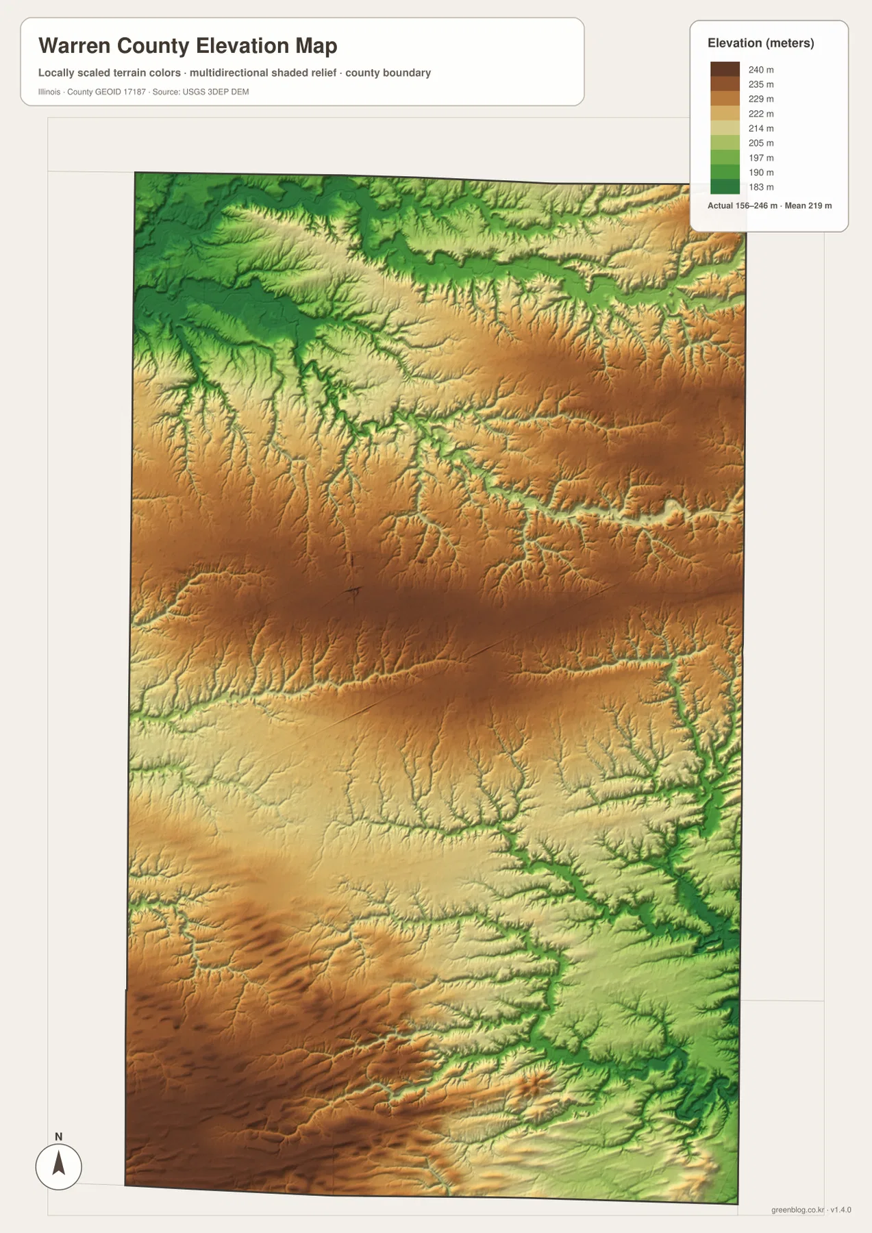 Warren County Illinois elevation map showing approximately 156 to 246 meters