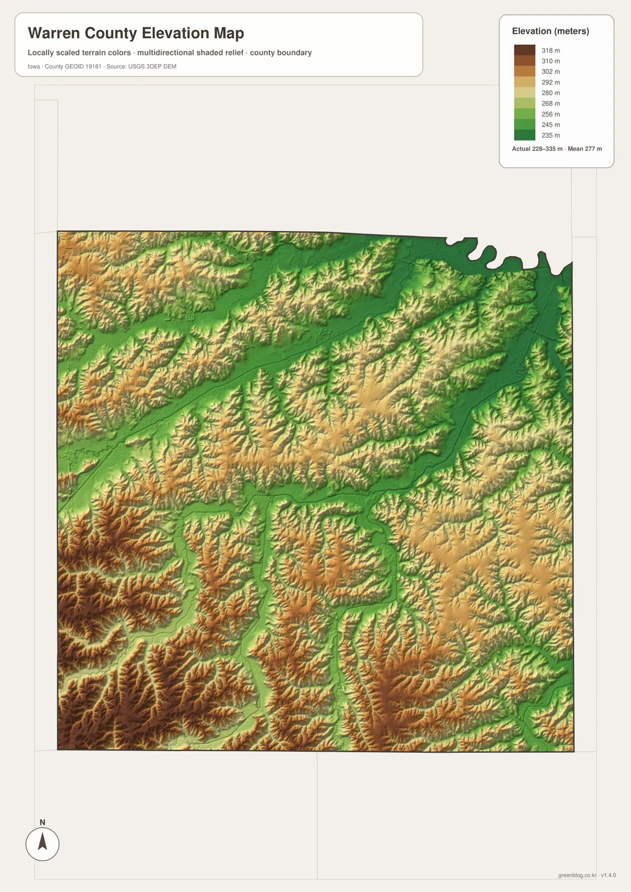Warren County Iowa elevation map showing terrain from about 228 to 335 meters