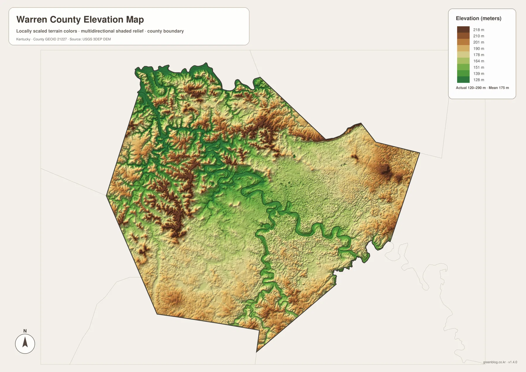 Warren County elevation map showing an actual range of about 120 to 290 meters and a mean near 175 meters