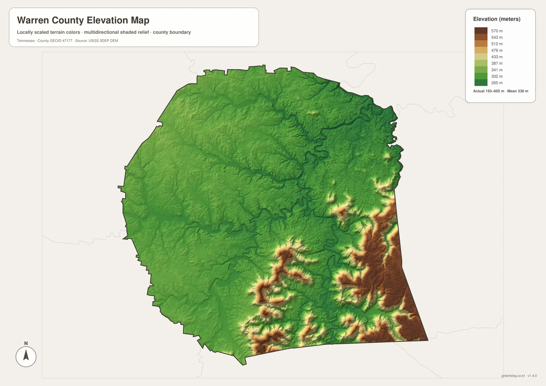 Warren County Tennessee elevation map showing Collins River valleys and higher southeastern terrain from about 193 to 605 meters