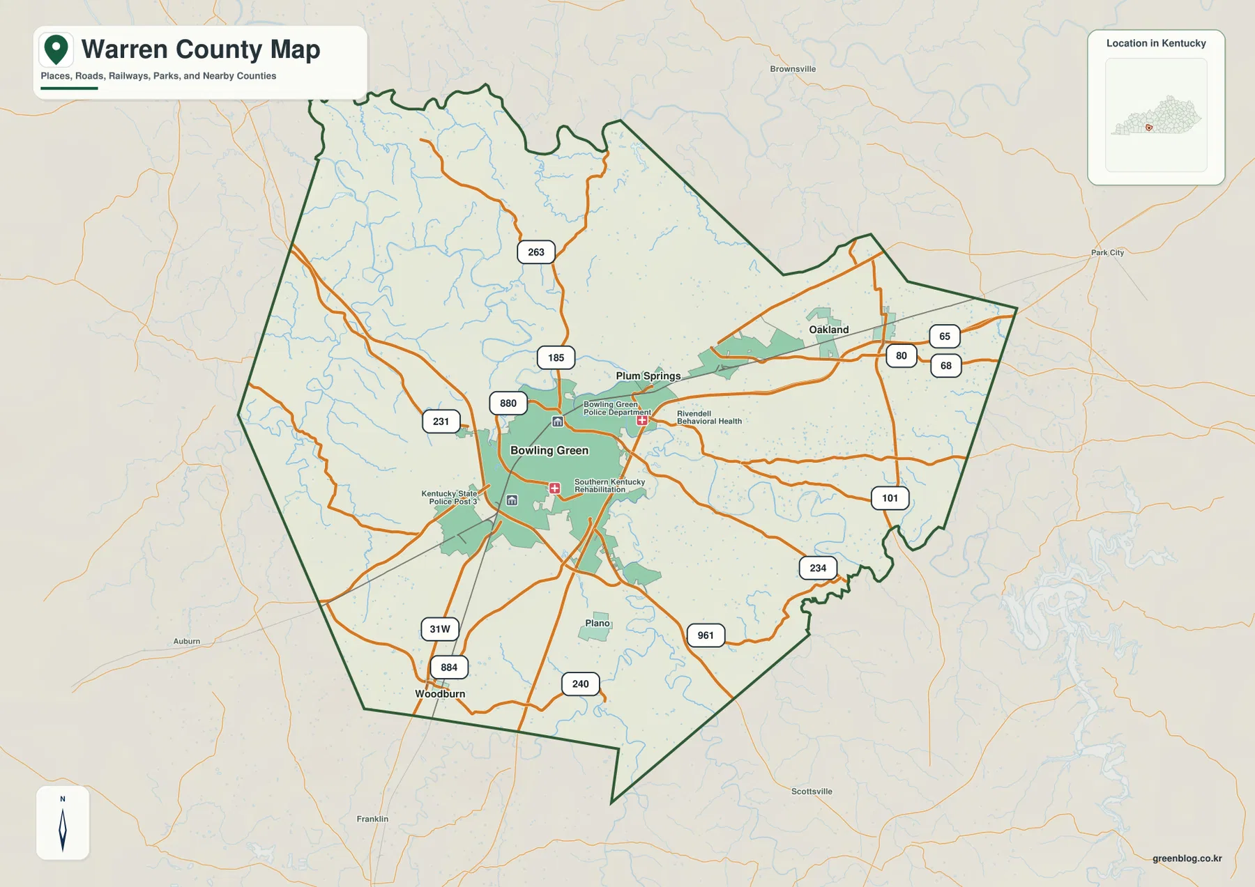 Warren County Kentucky road map showing Bowling Green, Plum Springs, Oakland, Woodburn, I-65, US 68/80, US 31W, KY 231, KY 185, and KY 234