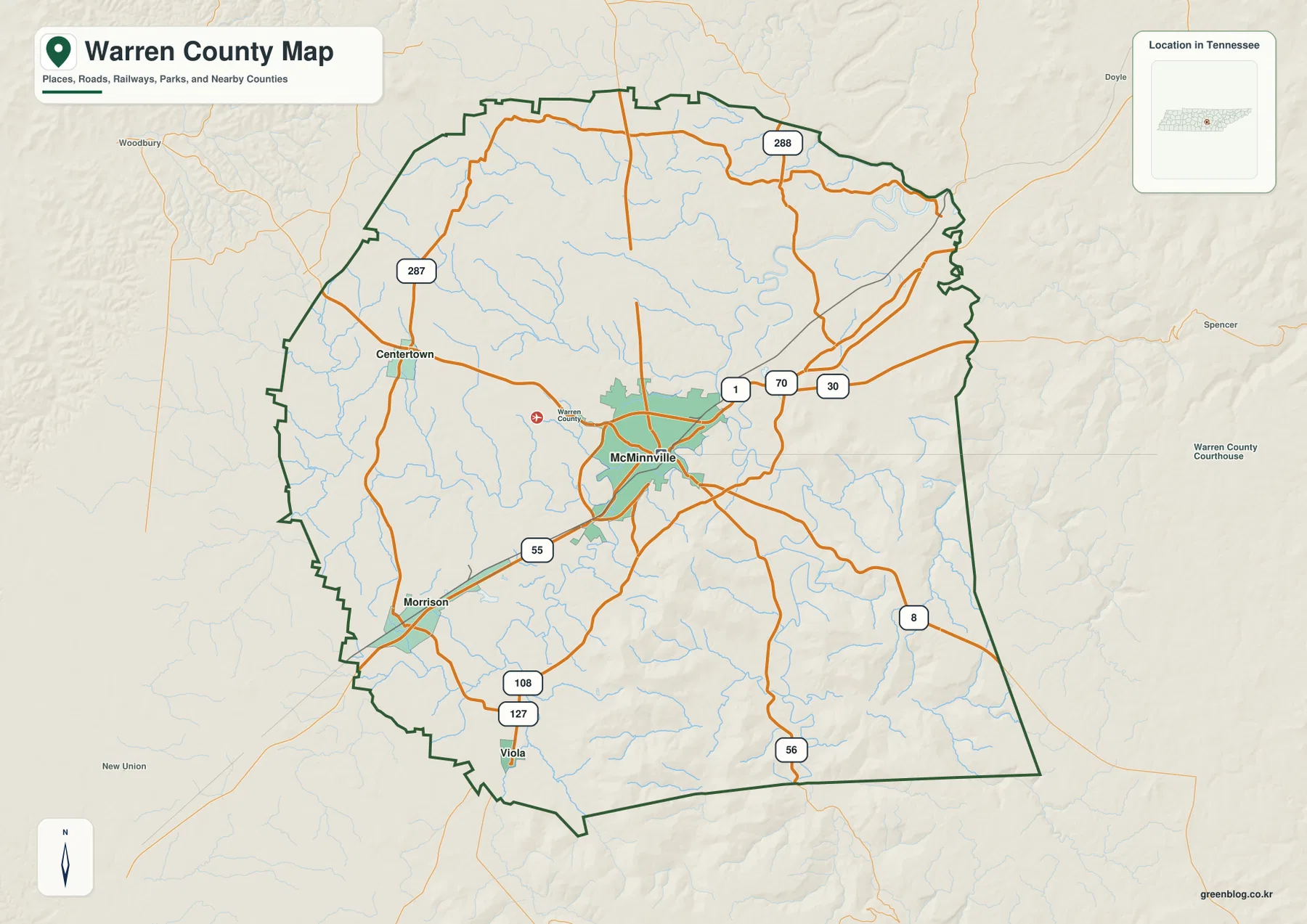 Warren County Tennessee map showing McMinnville, Morrison, Centertown, Viola, and major roads