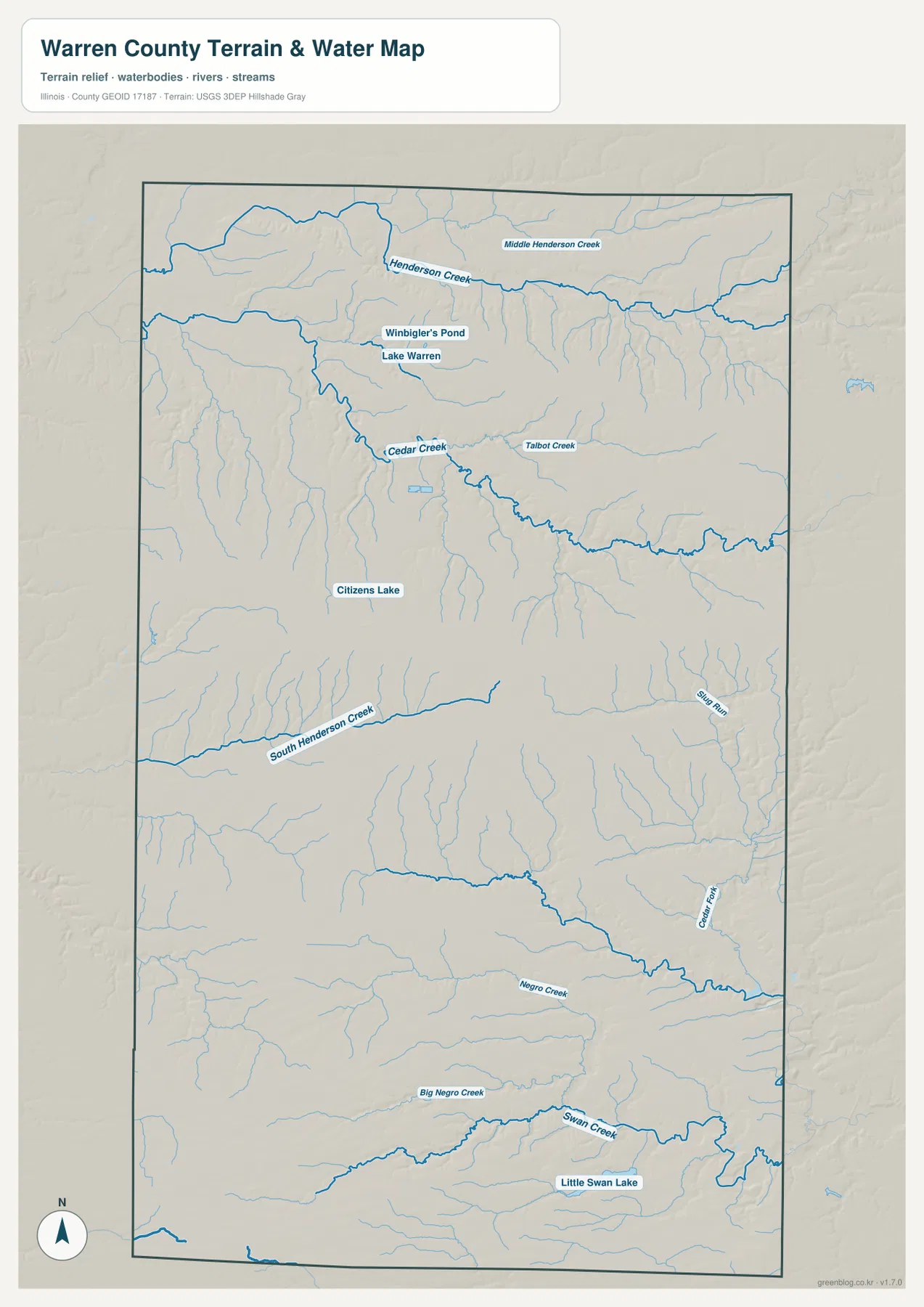 Warren County Illinois terrain and water map with Henderson Creek, Cedar Creek, South Henderson Creek, and Swan Creek