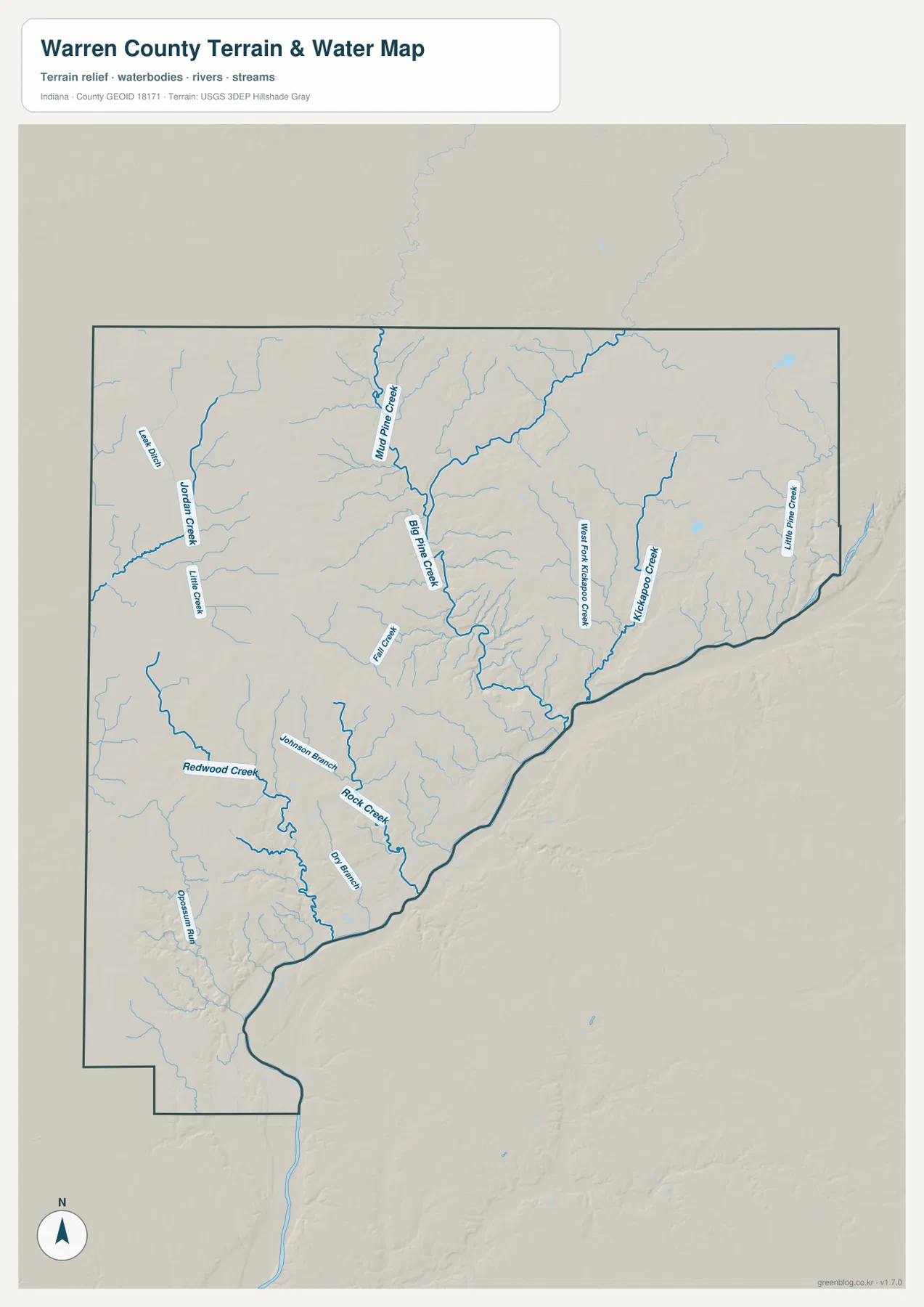 Warren County 수역 지도에 Big Pine Creek, Mud Pine Creek, Kickapoo Creek, West Fork Kickapoo Creek, Jordan Creek, Redwood Creek, Rock Creek와 여러 지류가 표시된 모습