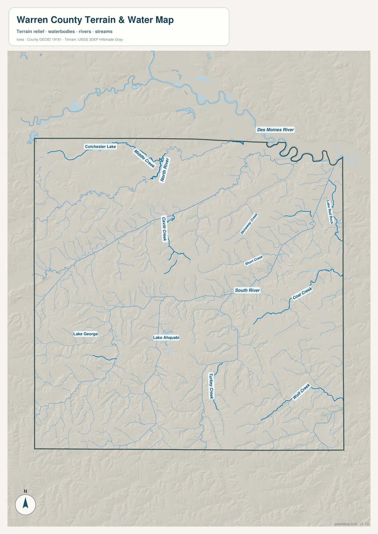 Warren County Iowa terrain and water map showing the Des Moines River, North River, South River, Lake Ahquabi, and tributaries