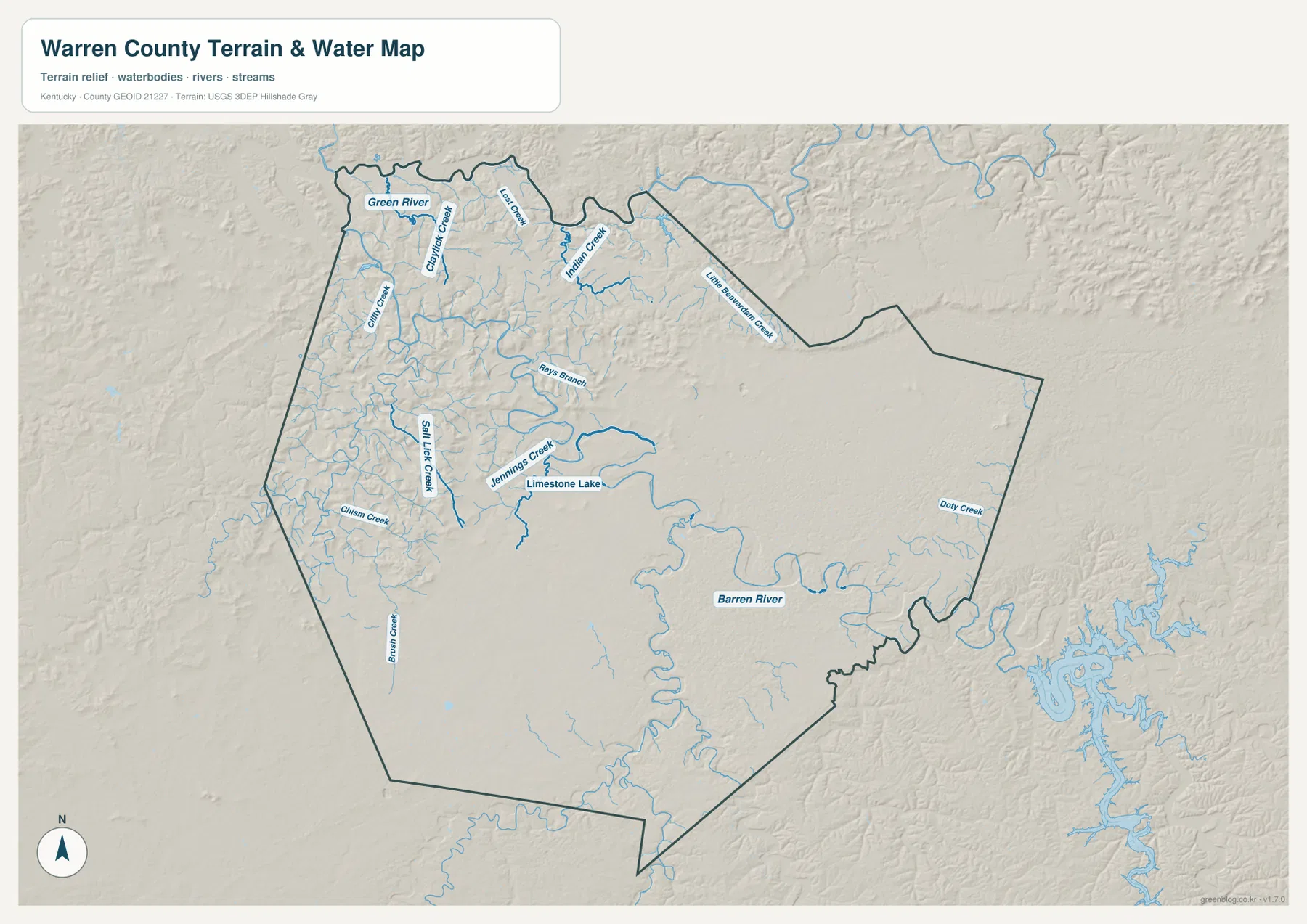 Warren County terrain and water map showing the Barren River, Green River, Jennings Creek, Salt Lick Creek, Indian Creek, Little Beaver Dam Creek, Lost Creek, and Limestone Lake