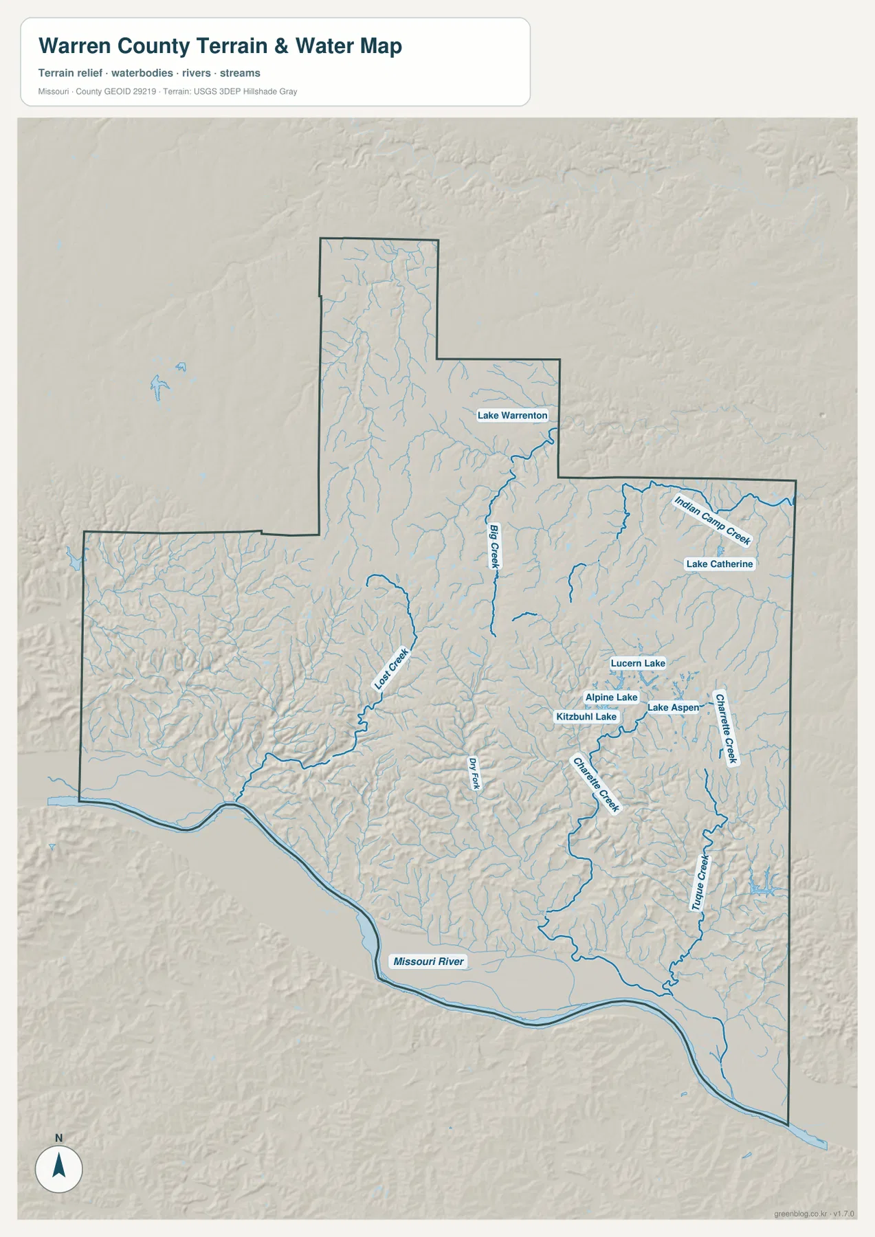 Missouri River, Lost Creek, Big Creek, Indian Camp Creek, Charrette Creek와 주요 호수를 표시한 Warren County 지형 수역 지도