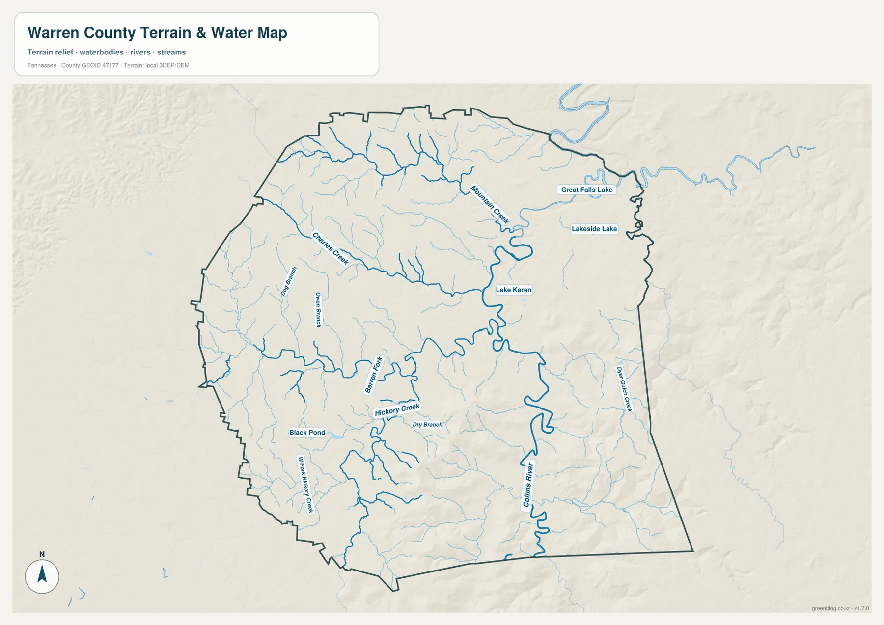 Warren County water map showing Collins River, Barren Fork, Mountain Creek, Charles Creek, and small lakes