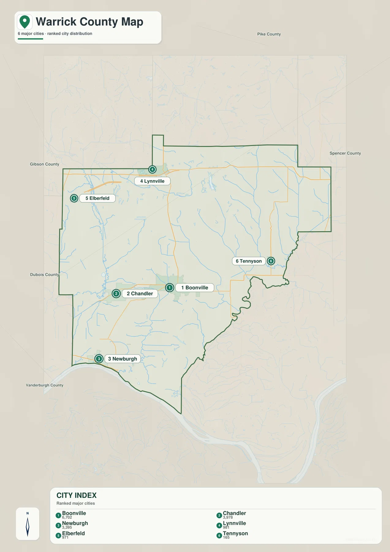 Warrick County 도시 지도에 Boonville, Chandler, Newburgh, Lynnville, Elberfeld, Tennyson이 표시된 모습