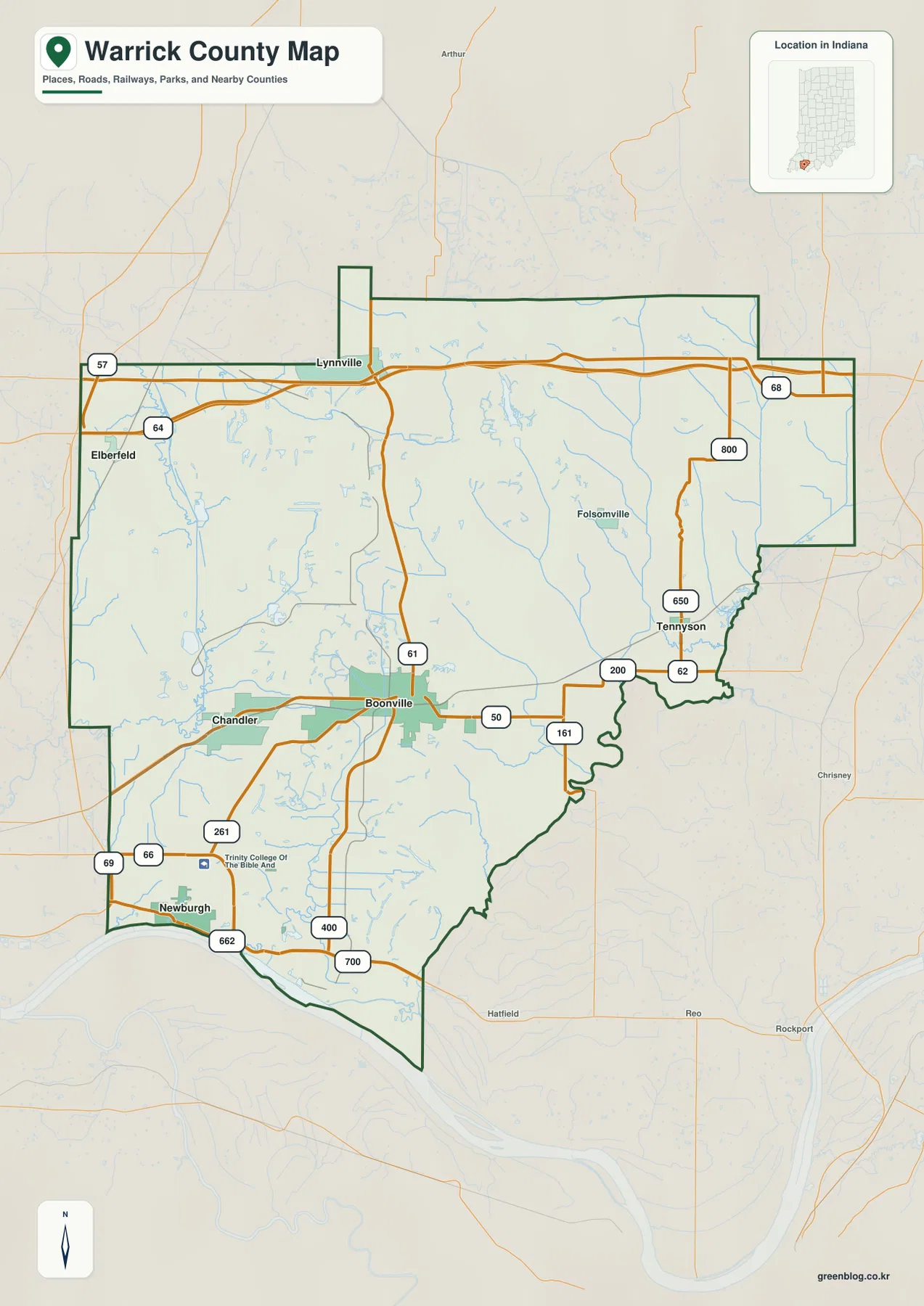 Warrick County 일반 지도에 Boonville, Newburgh, Chandler, Lynnville, Elberfeld, Tennyson과 주요 번호 도로가 표시된 모습
