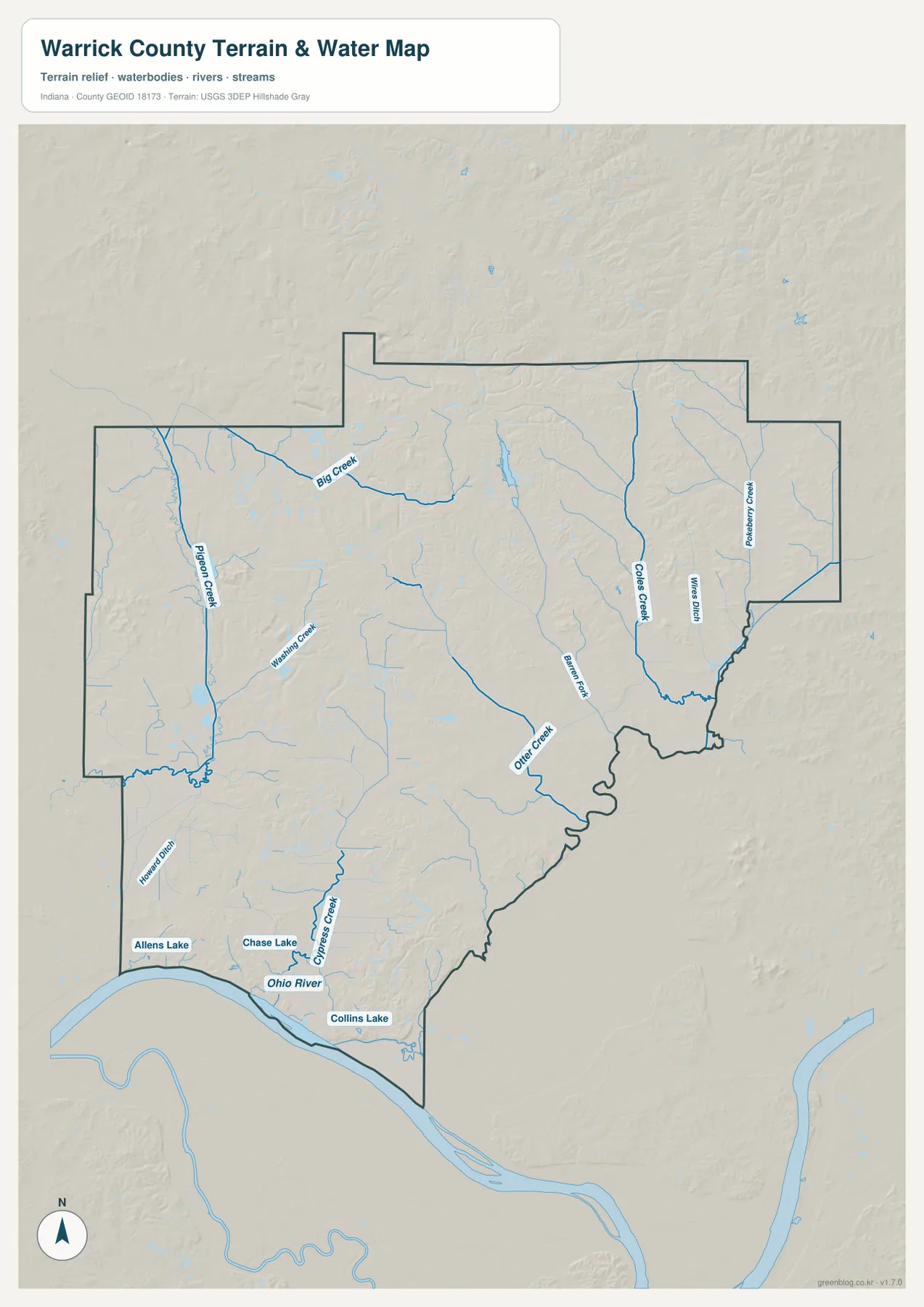 Warrick County 수역 지도에 Pigeon Creek, Big Creek, Otter Creek, Cypress Creek, Ohio River와 Allens Lake, Chase Lake, Collins Lake가 표시된 모습