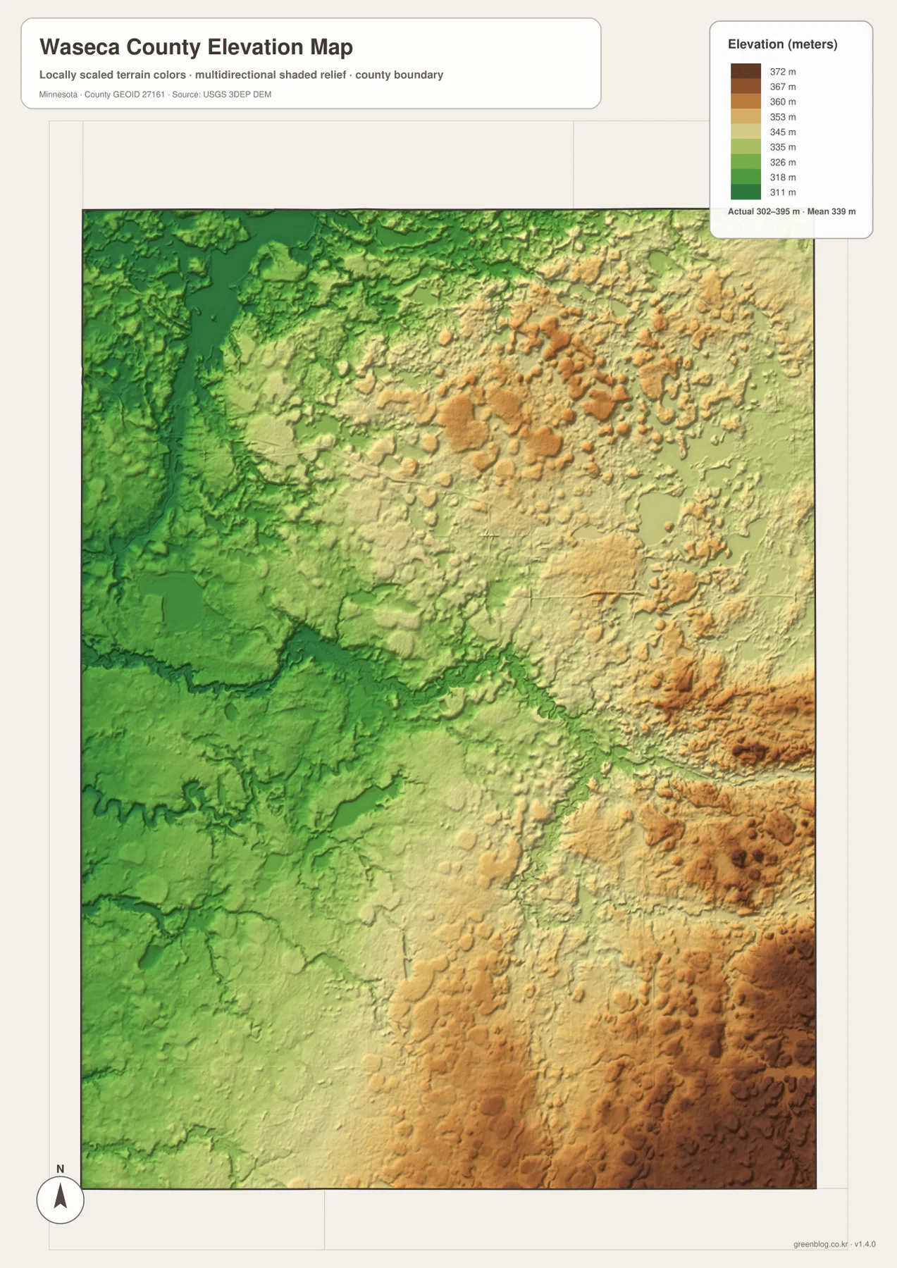 Waseca County elevation map showing 302 to 395 meters, lower western terrain, and higher eastern and southeastern uplands