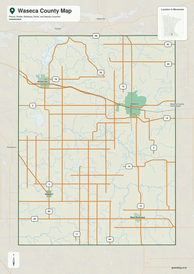 Waseca County Map between Waseca, Janesville, and the Le Sueur River Lowlands