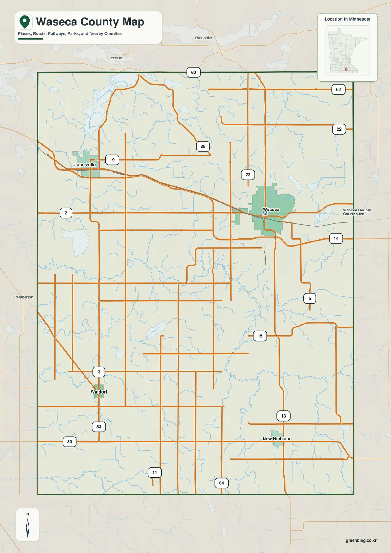 Waseca County map showing Waseca, Janesville, Waldorf, New Richland, U.S. 14, and Minnesota 13