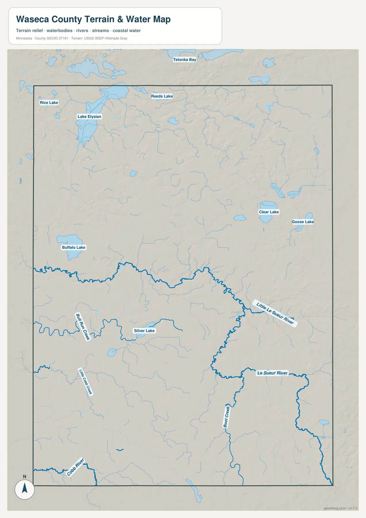 Waseca County water map showing Little Le Sueur River, Le Sueur River, Cobb River, creeks, and named lakes