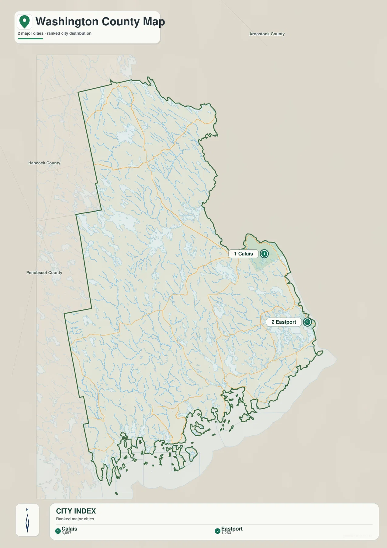 Washington County Maine City Index map ranking Calais first and Eastport second