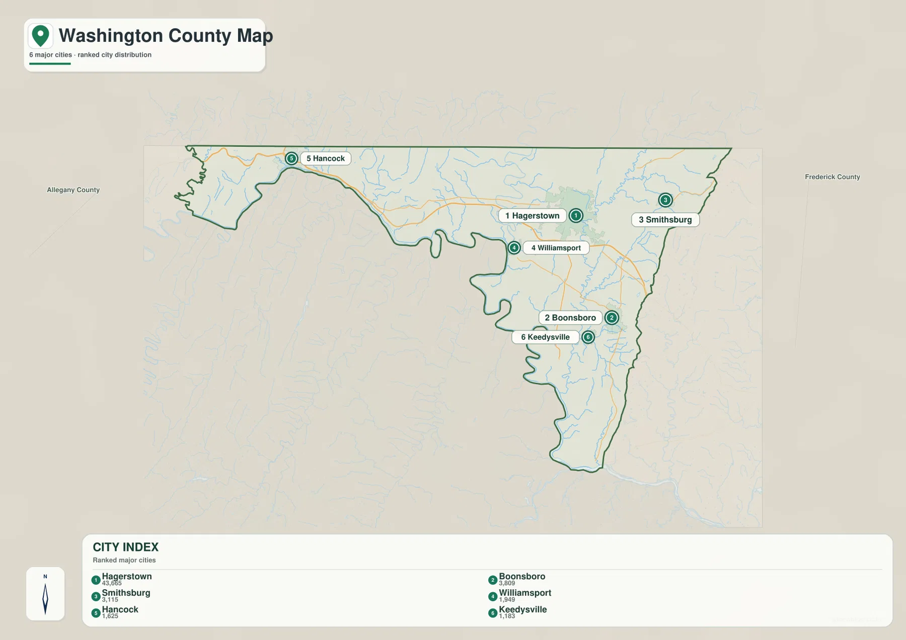 Washington County Maryland City Index map ranking Hagerstown, Boonsboro, Smithsburg, Williamsport, Hancock and Keedysville