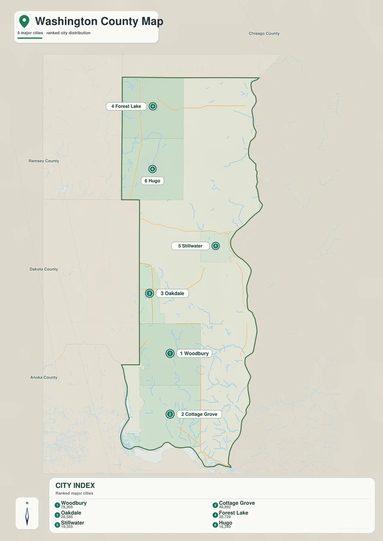Washington County city map ranking Woodbury, Cottage Grove, Oakdale, Forest Lake, Stillwater, and Hugo