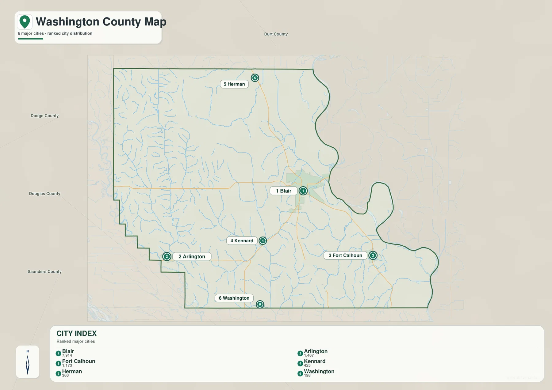 Blair, Arlington, Fort Calhoun, Kennard, Herman, Washington의 위치를 표시한 Washington County 도시 지도