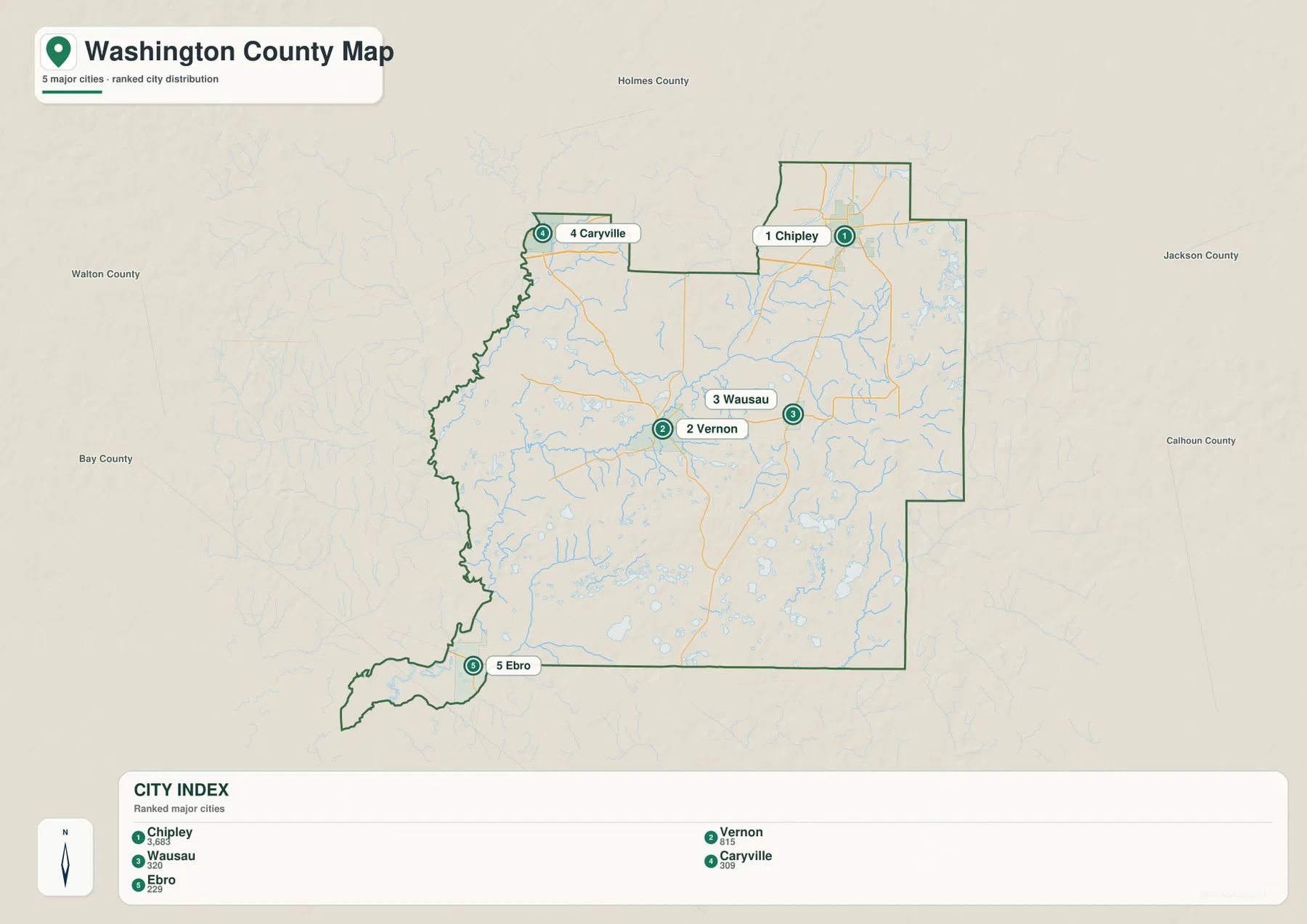 Chipley, Vernon, Wausau, Caryville, Ebro 순위를 표시한 워싱턴 카운티 도시 지도