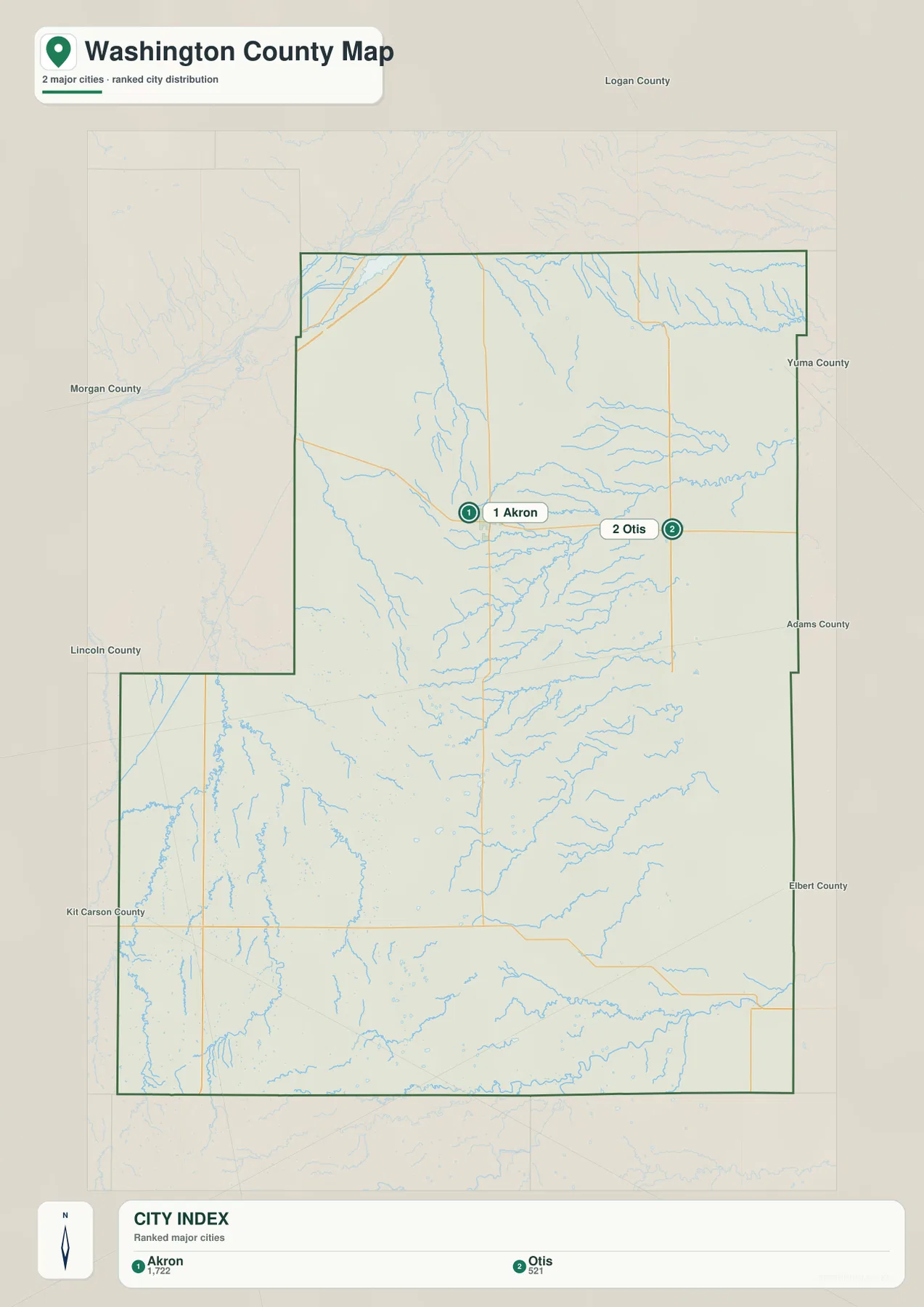 Washington County Colorado에서 Akron과 Otis 두 주요 도시의 순위와 위치를 보여 주는 도시 지도