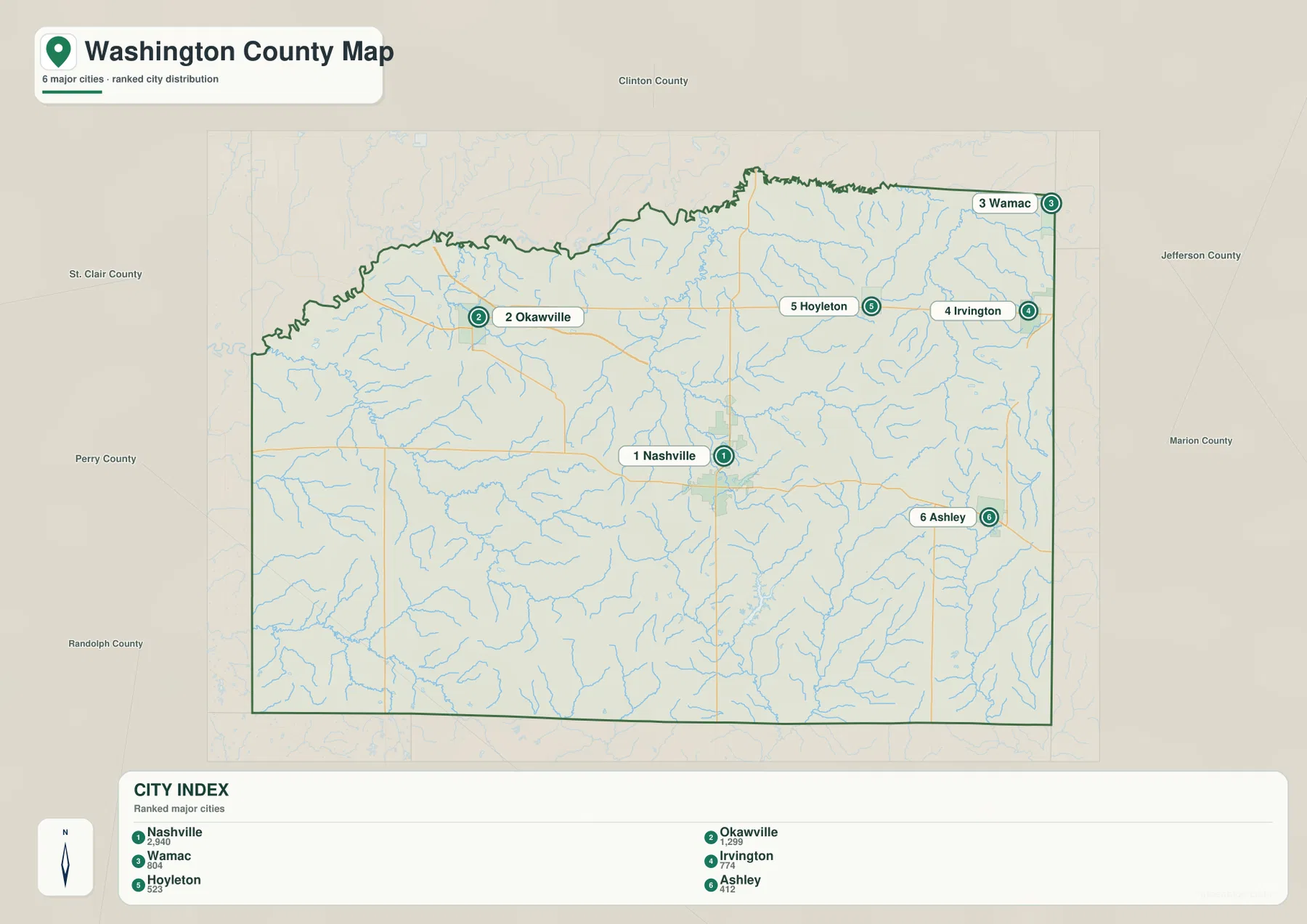Washington County Illinois city distribution map with Nashville, Okawville, Wamac, Irvington, Hoyleton, and Ashley