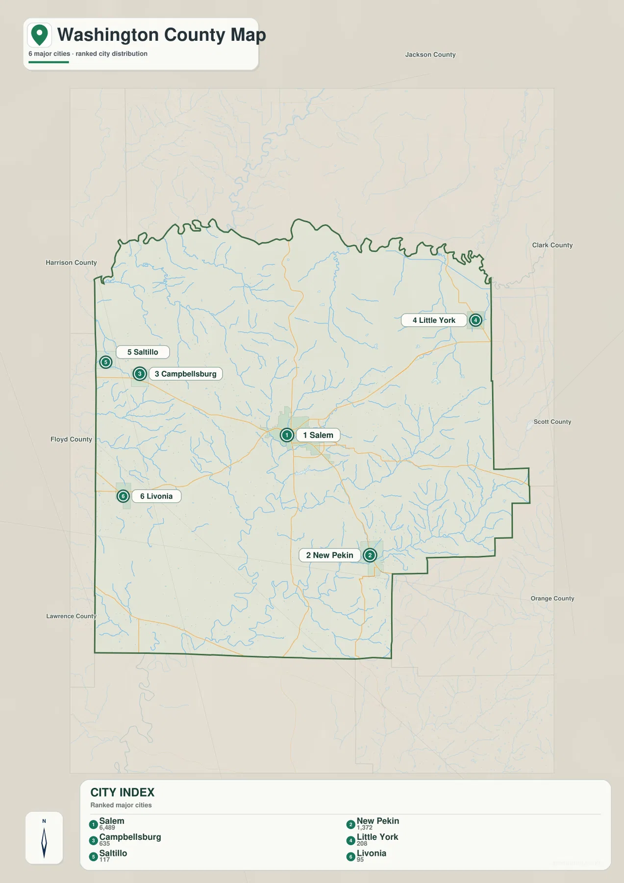 Washington County city map highlighting Salem, New Pekin, Campbellsburg, Little York, Saltillo, and Livonia