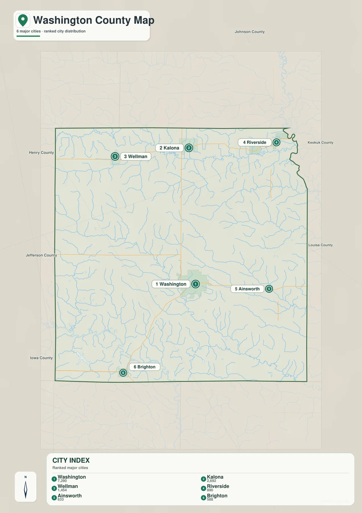 Washington County Iowa city map ranking Washington, Kalona, Wellman, Riverside, Ainsworth, and Brighton
