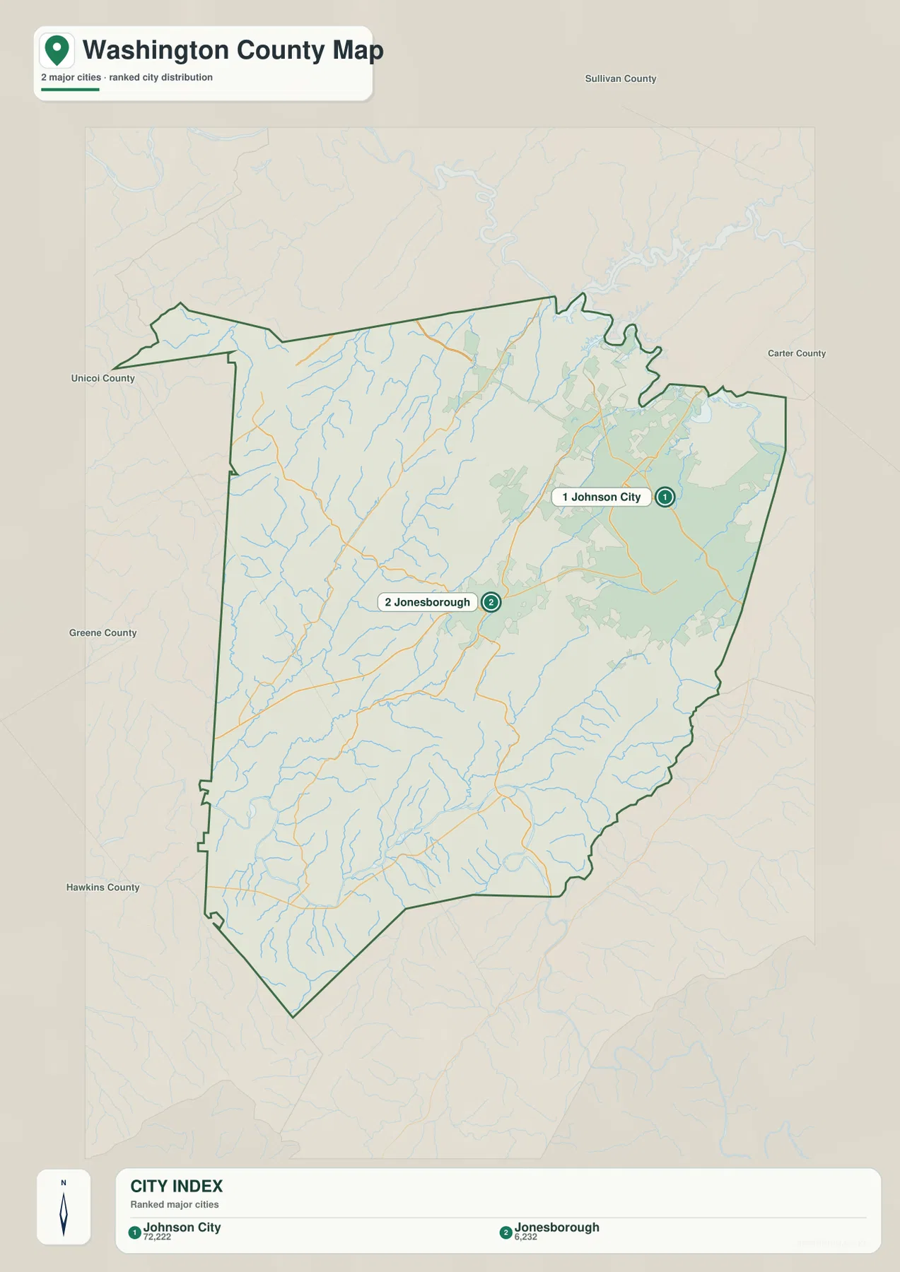 Washington County city map comparing Johnson City and Jonesborough as the two ranked major cities