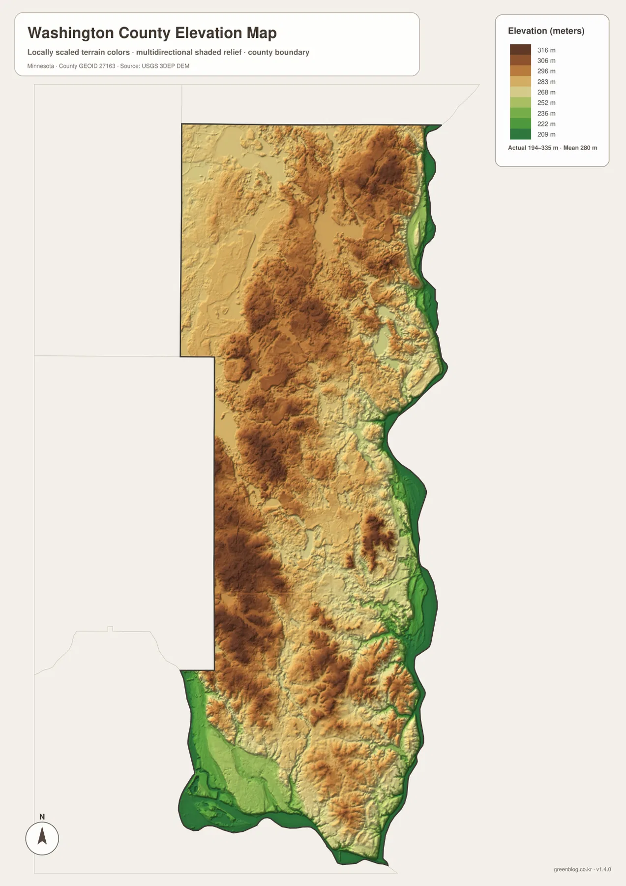 Washington County elevation map showing 194 to 335 meters, low St. Croix and Mississippi river corridors, and higher interior terrain