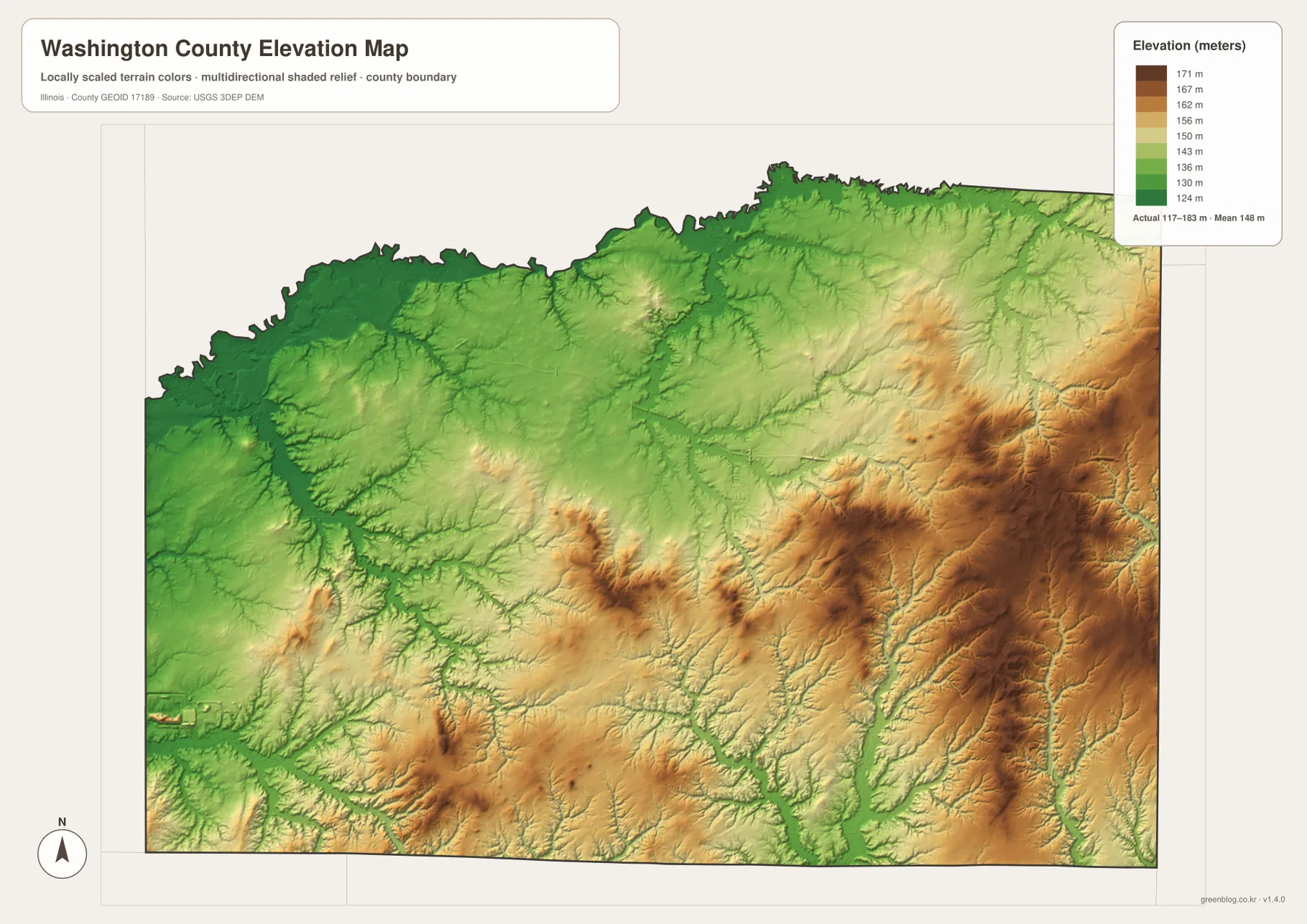 Washington County Illinois elevation map showing about 117 to 183 meters, lower western terrain, and higher eastern hills