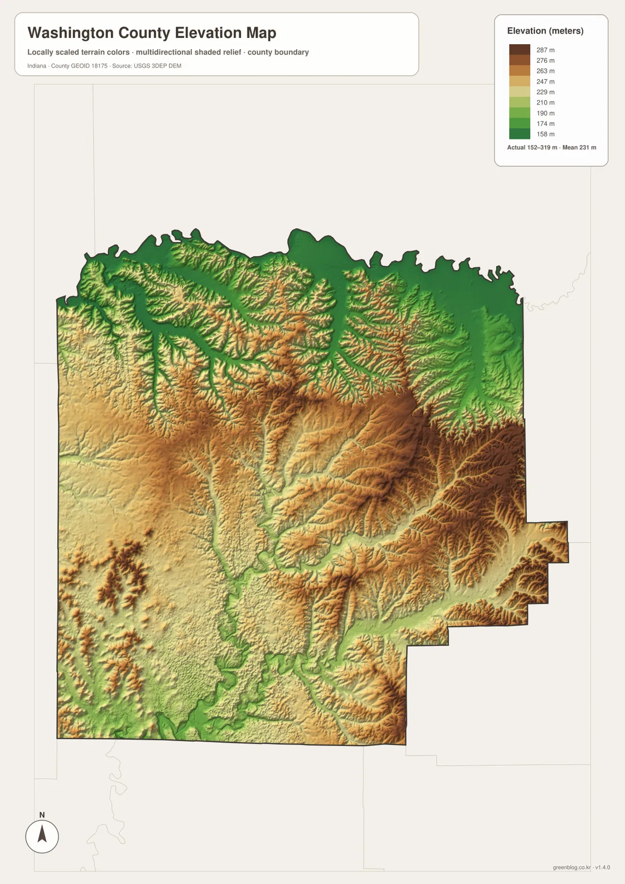 Washington County elevation map showing low green Blue River and creek valleys and higher tan-brown hills across the east and southeast
