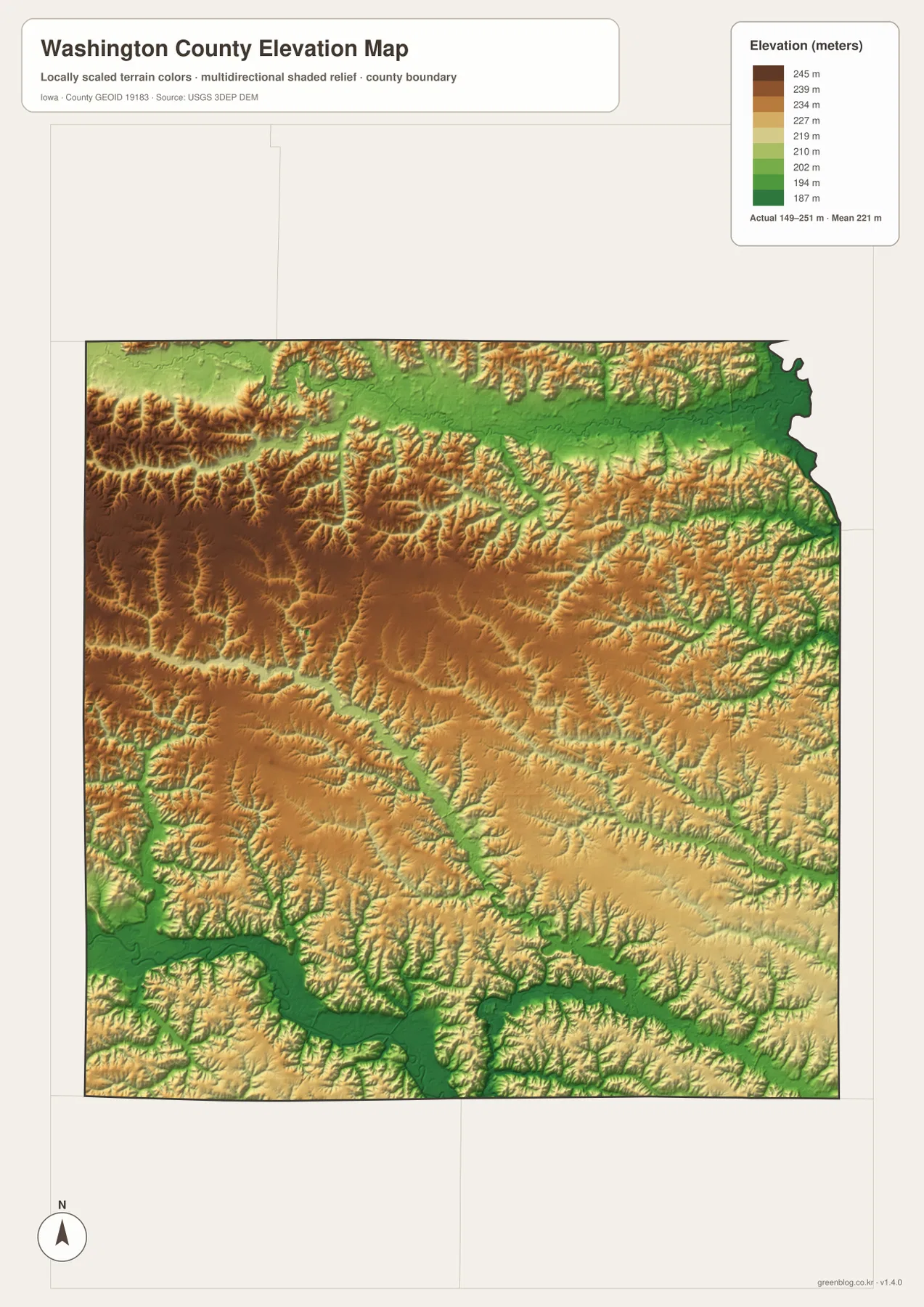 Washington County Iowa elevation map showing terrain from about 149 to 251 meters with northern and southern river valleys