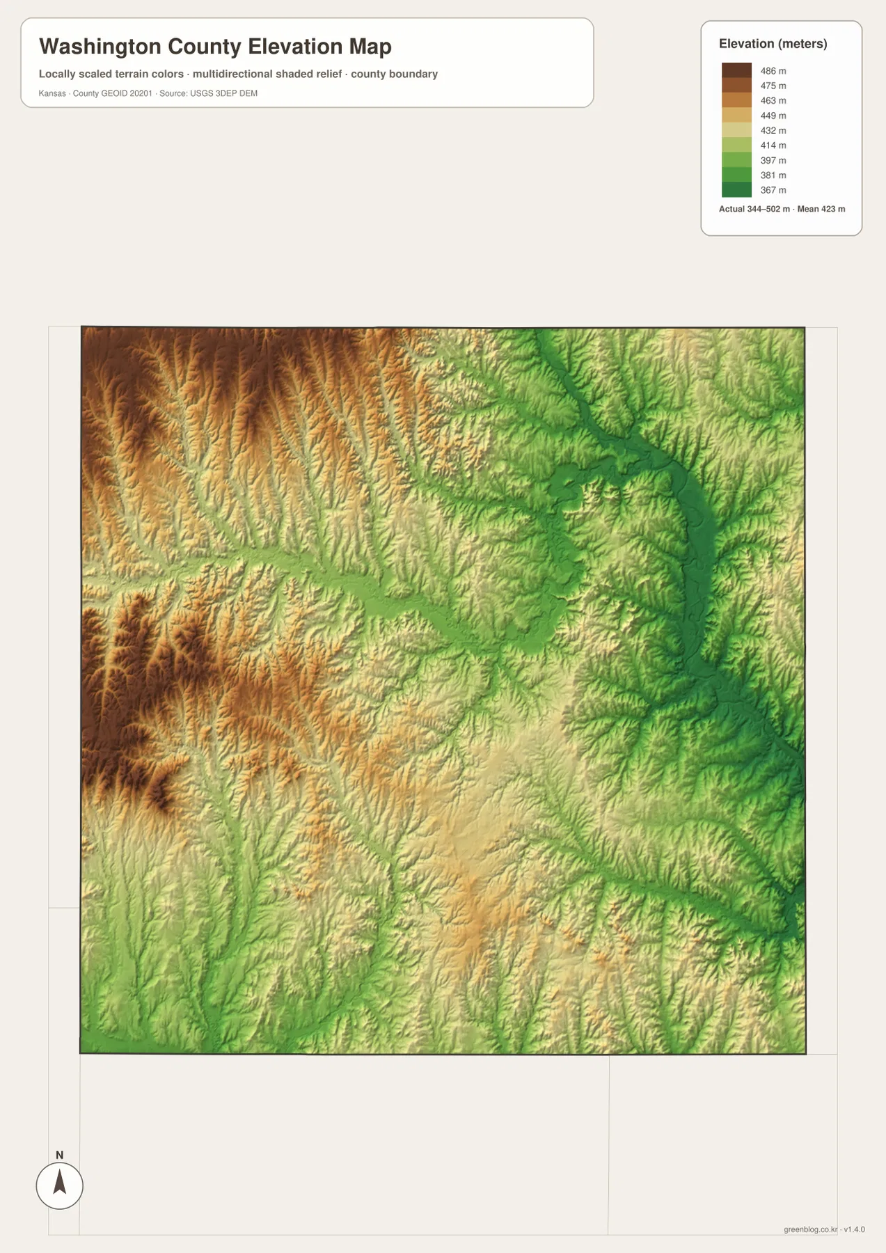 Washington County Kansas elevation map showing 344 to 502 meter relief, higher western hills and lower Little Blue River valleys