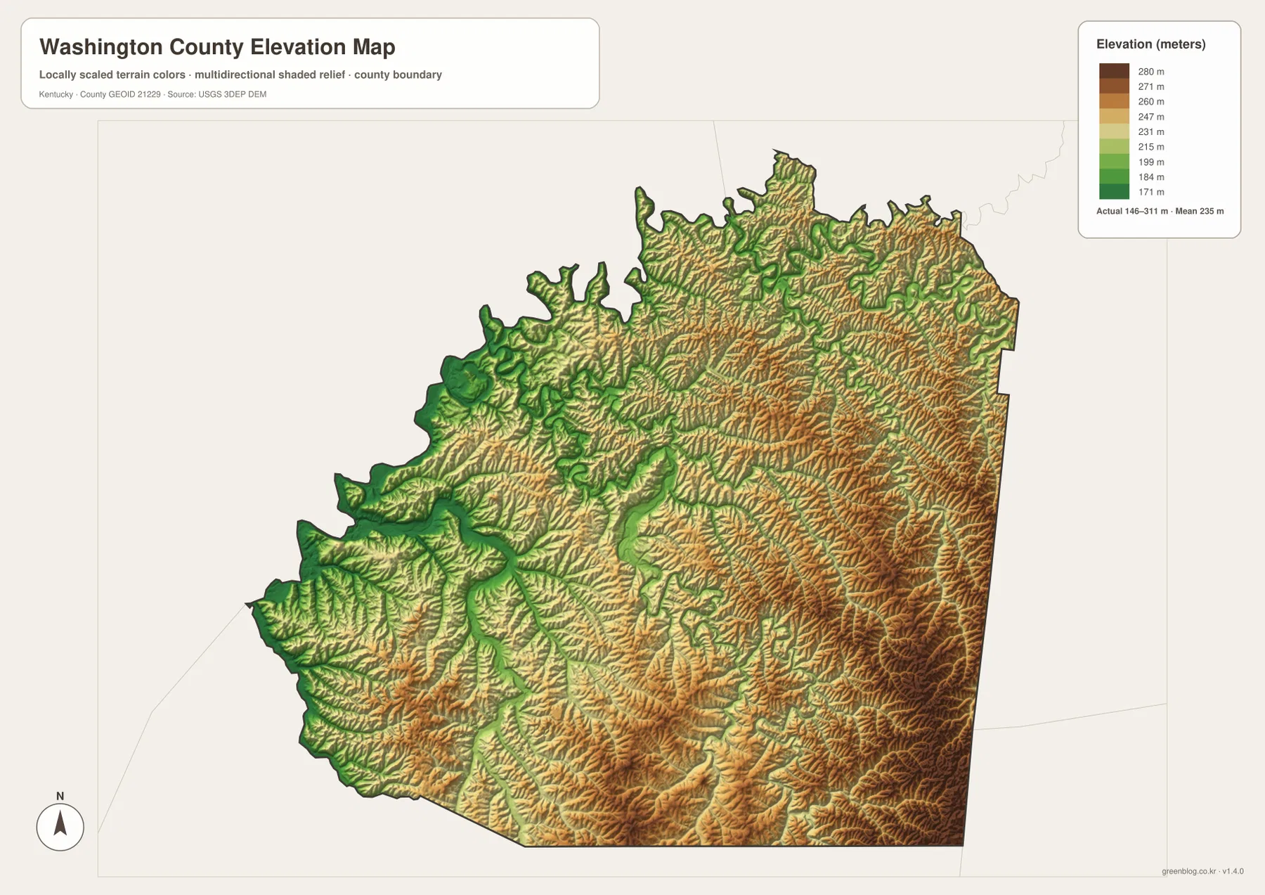 Washington County Kentucky elevation map showing an actual range of about 146 to 311 meters and a mean near 235 meters