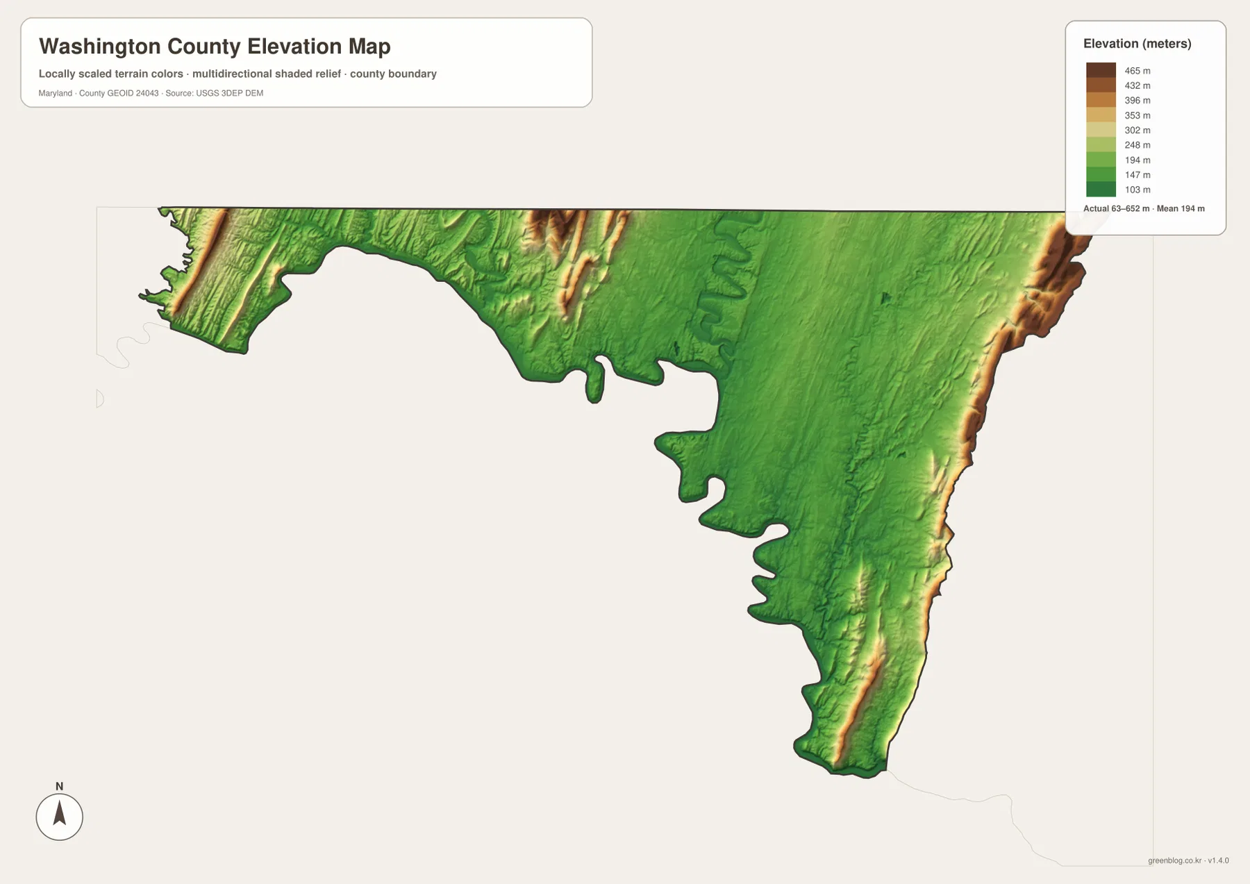 Washington County Maryland elevation map showing the low Hagerstown Valley between high western and eastern Appalachian ridges